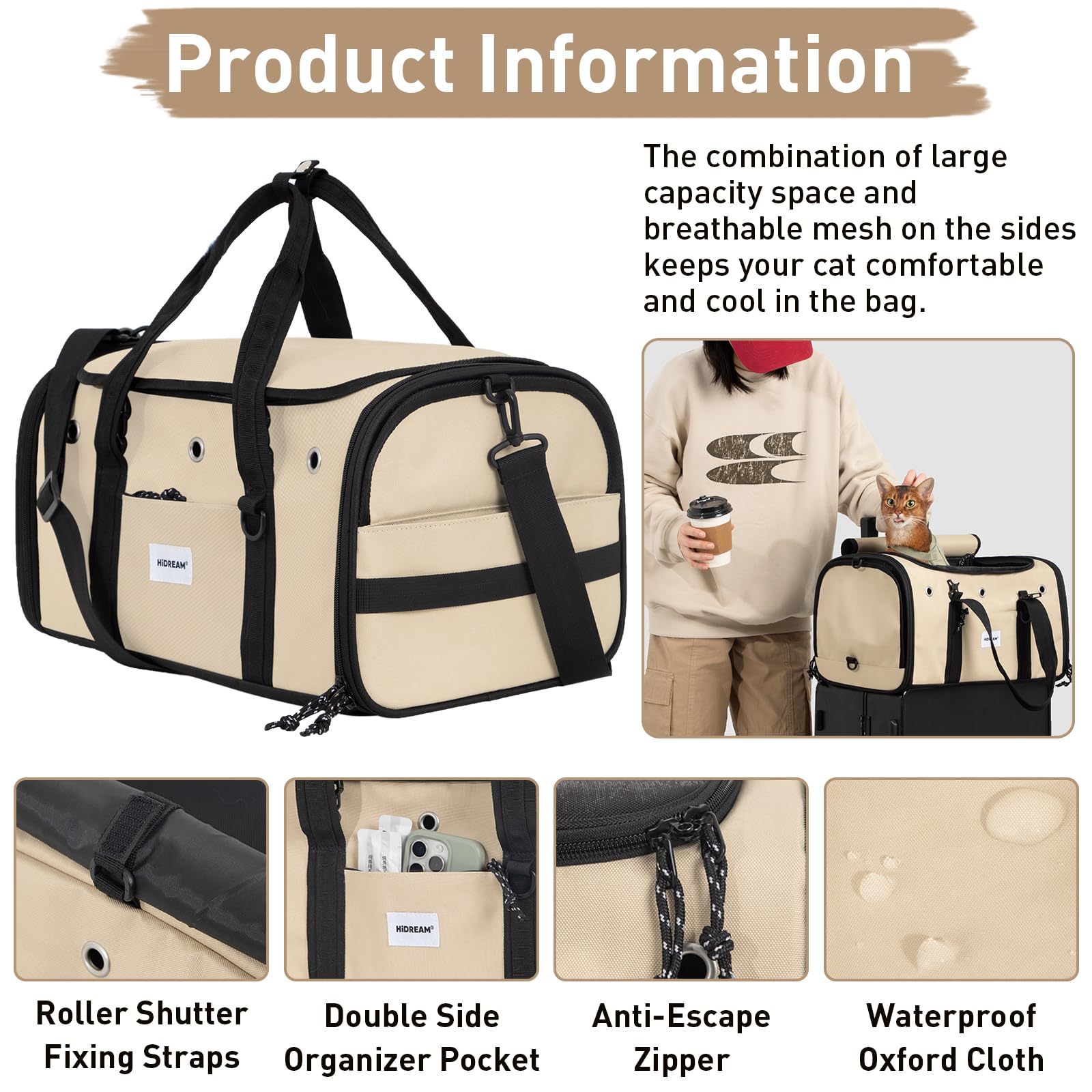 Transportador de viaje para mascotas de hasta 15 libras, bolsa de viaje plegable portátil con gran capacidad, aprobada por aerolíneas, impermeable, malla transpirable y lados suaves para