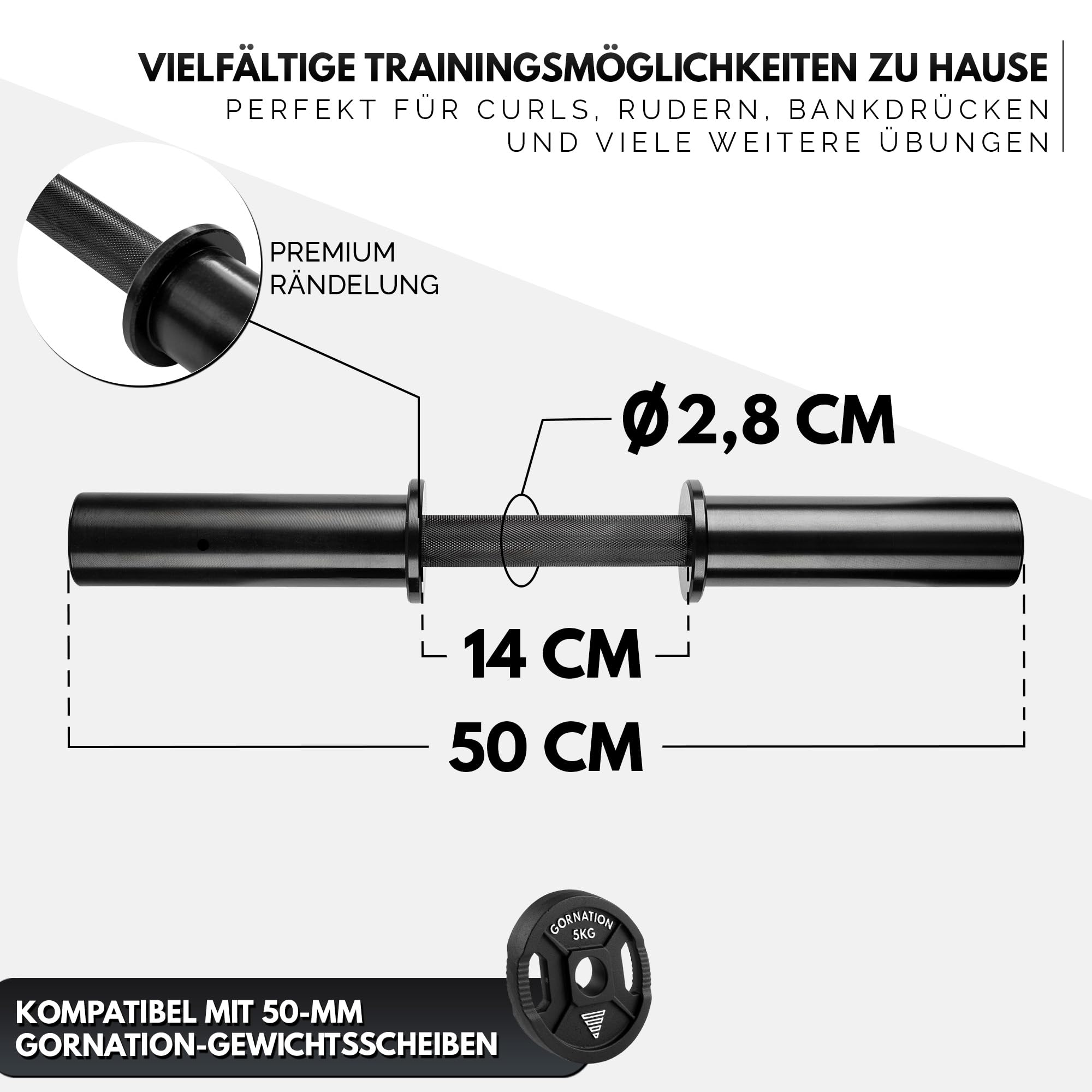 GORNATION Kurzhantelstange bis 100 kg Inkl. 2 magnetischer Verschlüsse, Hanteln für Ganzkörpertraining zu Hause, Dumbbell für Krafttraining, Home Gym Kurzhantelstangen