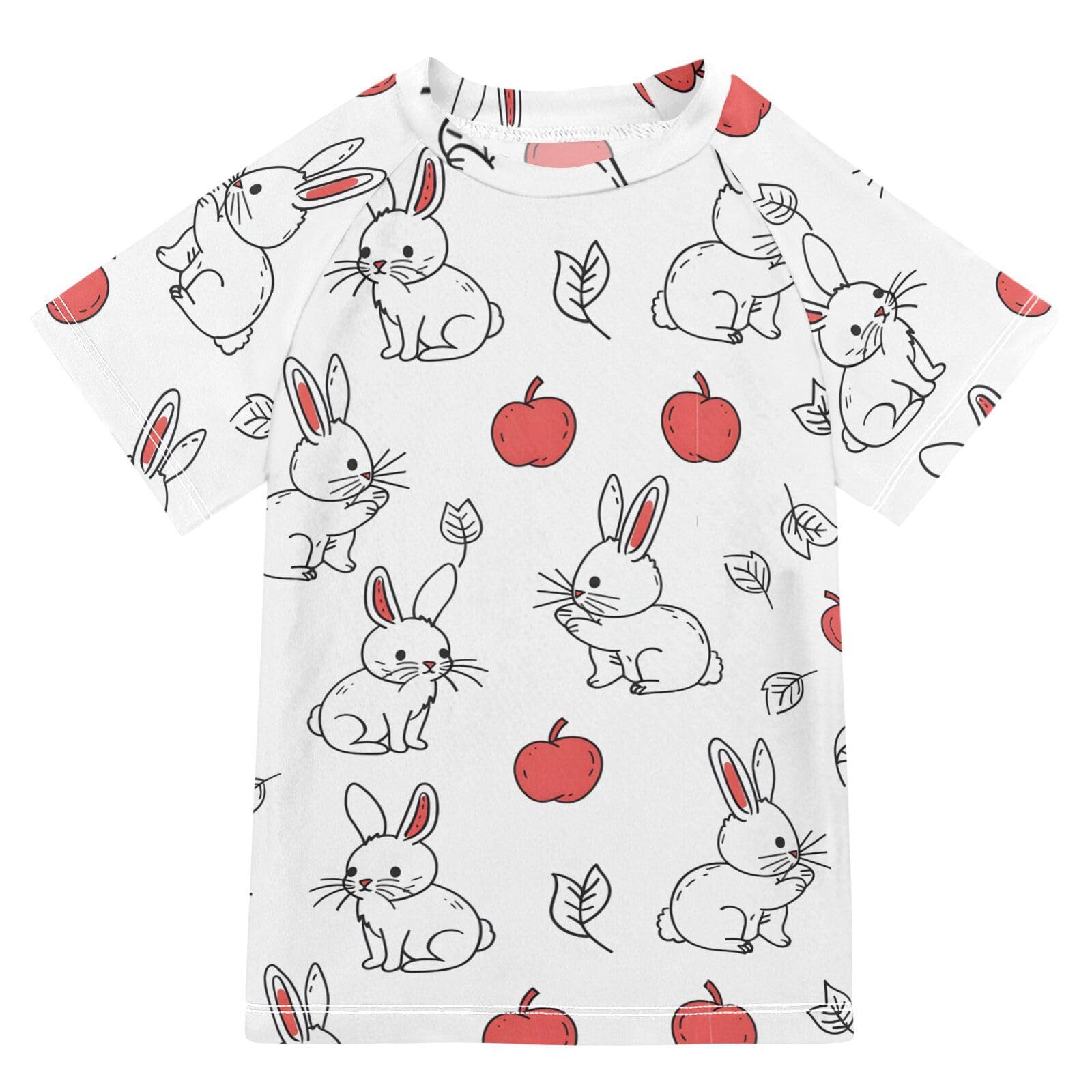 ALAZA Boys Rash Guard Swimming Shirt for Boys Short Sleeve Rabbit and Fruits UPF 50+ 5-6T