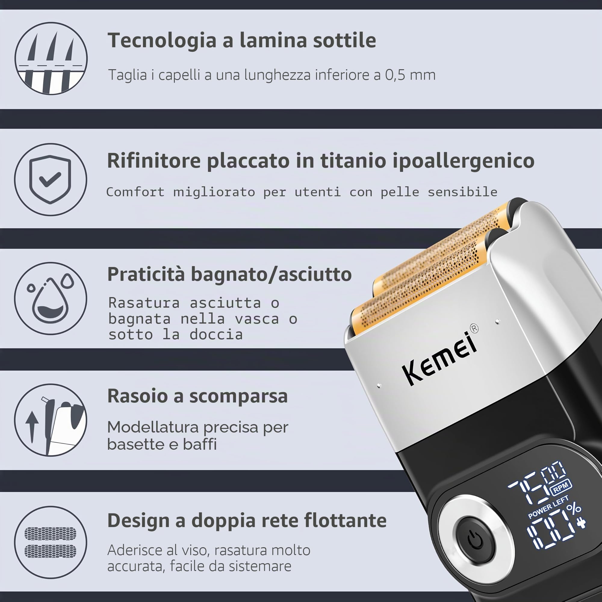 Kemei Rasoio elettrico a lamina per uomo con rifinitura della calvizie Rasoi elettrici senza filo con display a LED,Regali per la Festa Del Papà