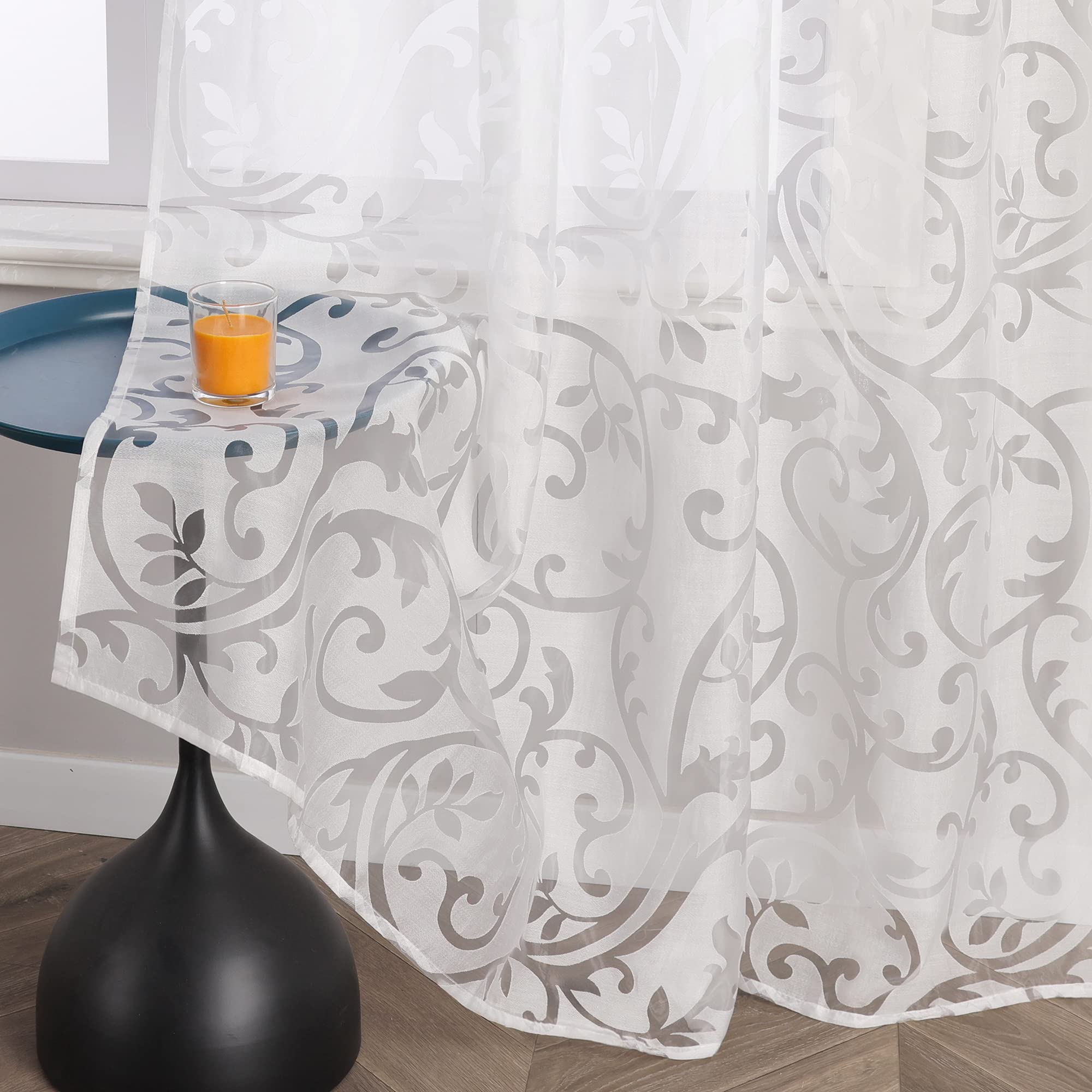 Delien Voile Curtain with Tendrils Design Transparent with Ruffle Tape 140 x 245 cm White, White Tendrils With Ruffle Tape - Image 2