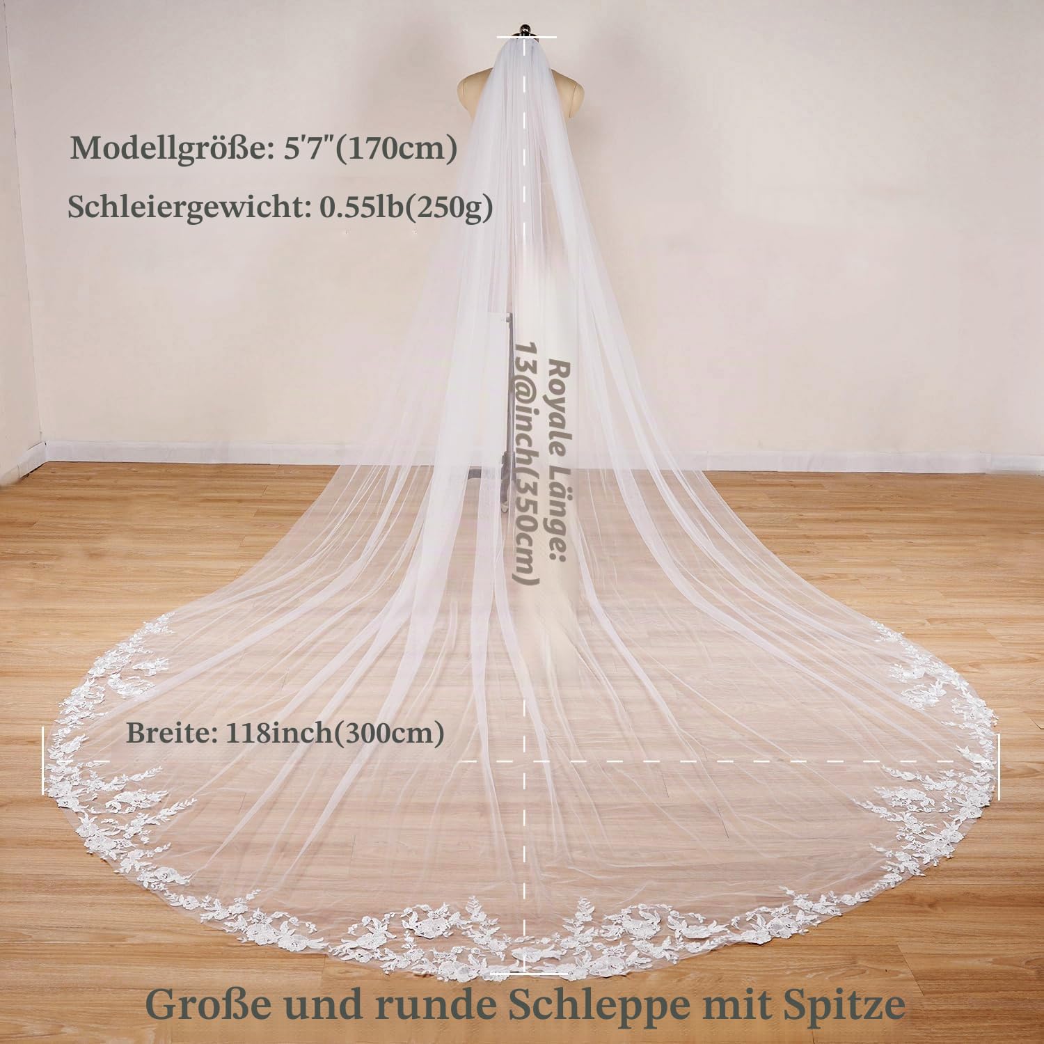 EllieWely Lange 1 Tier Spitze Hochzeit Brautschleier mit Metall Kamm F10, Elfenbein, Cathedral length 118"