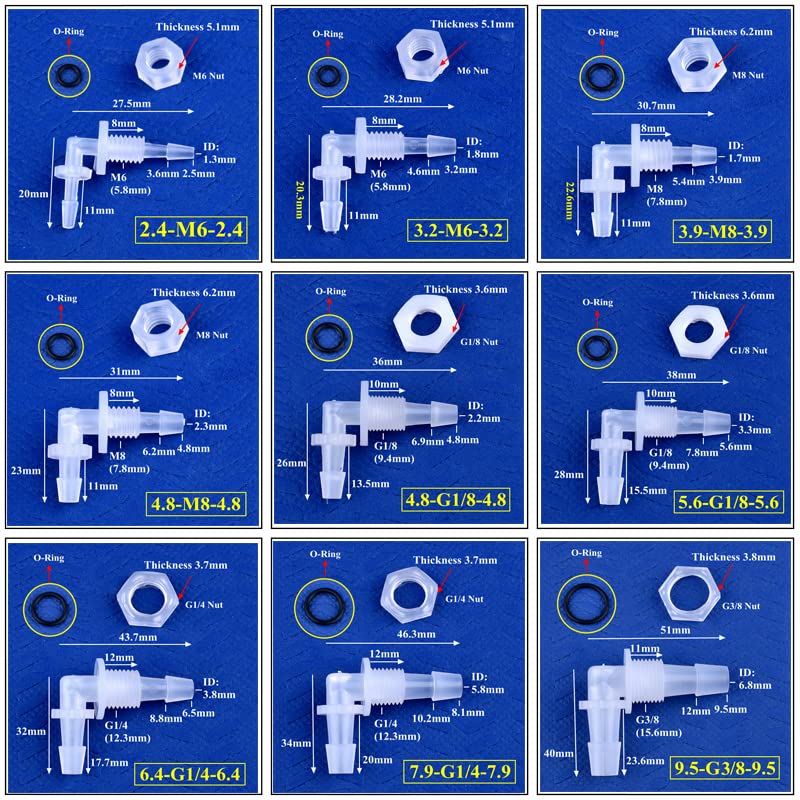 ~ 200 Piezas M6 ~ G1 / 2 a 2.4-11.1 mm PP Conectores de Codo con Tuerca Junta tórica Irrigación Tanque de Acuario Juntas de Manguera de Placa pasante-50 Juegos, 7.9-G1I4-7.9