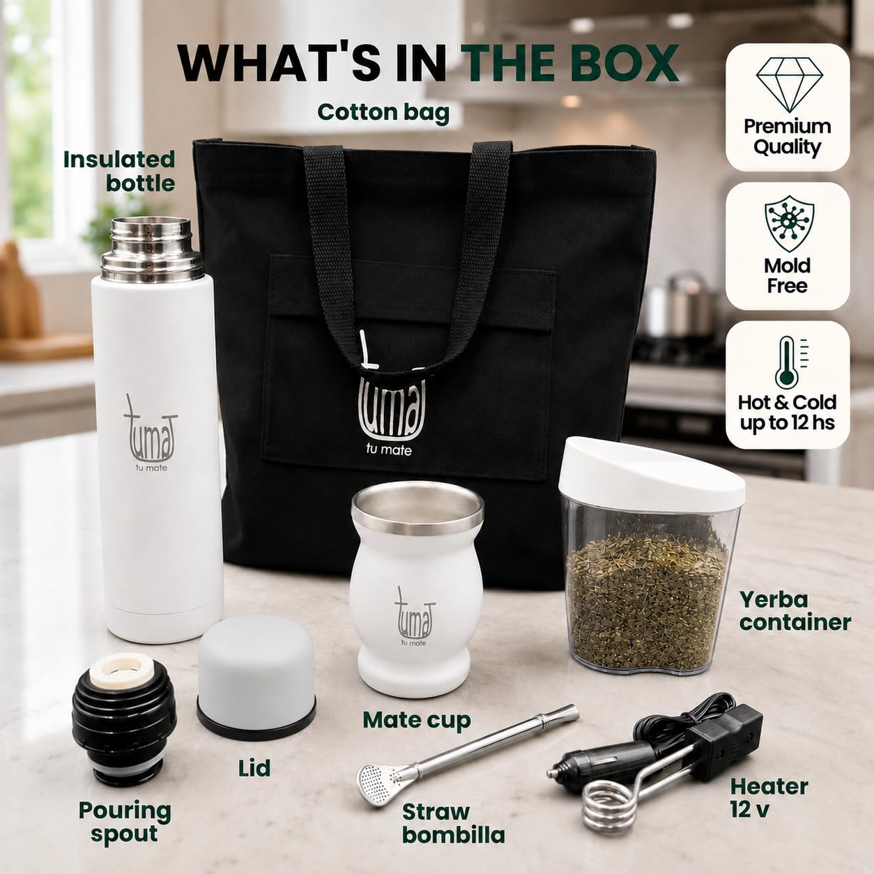 Yerba Mate Komplett-Set – inklusive matter Tasse, Strohhalm (Strahler), 750 ml Thermosflasche, Beutel und zwei Geschenken (Yerbero Behälter und Auto-Tauchwärmer) – Yerba Mattes Edelstahl-Set
