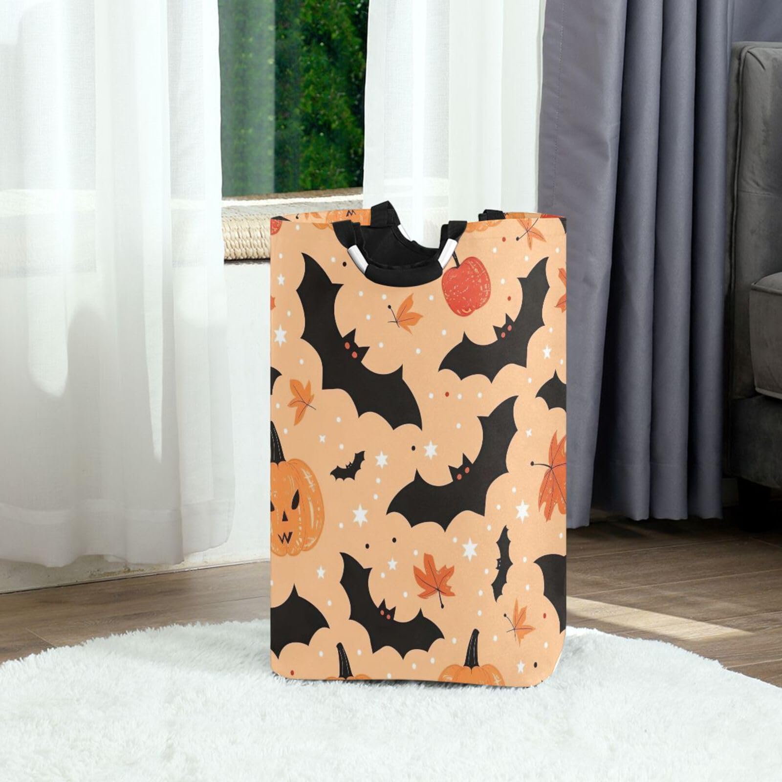 Jihqo Laundry Hamper Basket Halloween Pumpkins and Bats Collapsible Nursery Storage Bin Waterproof Clothing Baskets for Home Bedroom Bathroom Washing Room