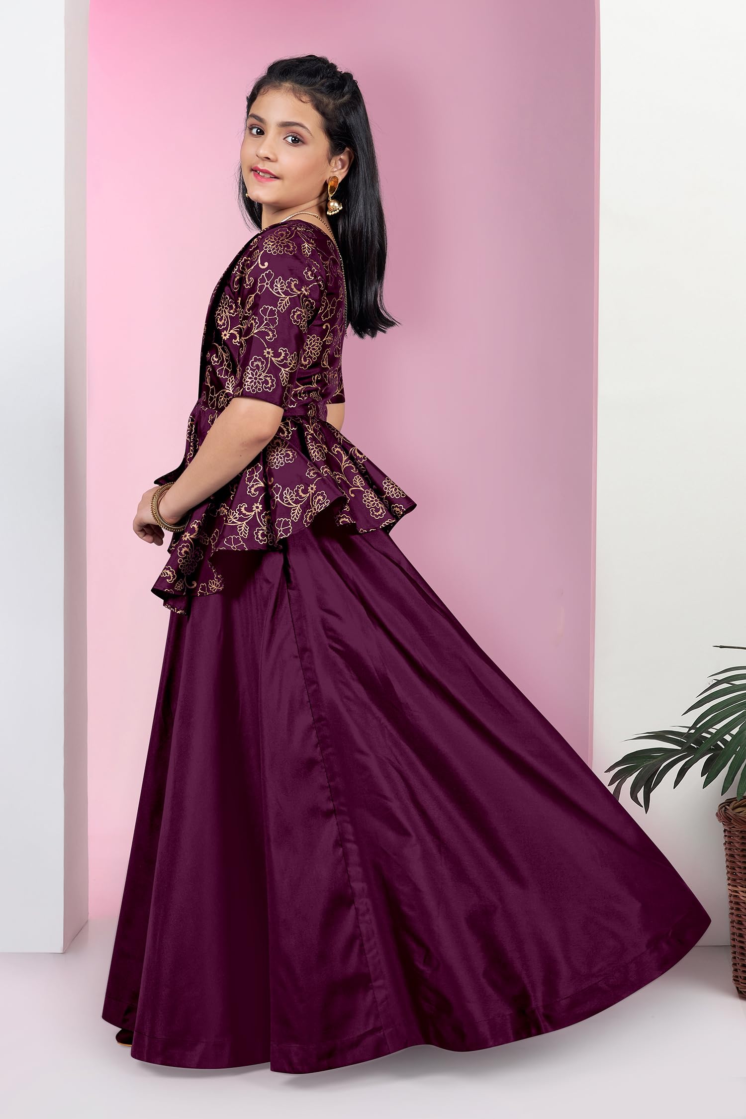 Fashion Dream Girls Cotton Blend Solid Maxi Dress with Attached Foil Printed Asymmetric Shrug|Kids Dress with Shrug(FDGDRS00215 PRP 32_Purple_9-10Yrs) - Image 5 thumbnail