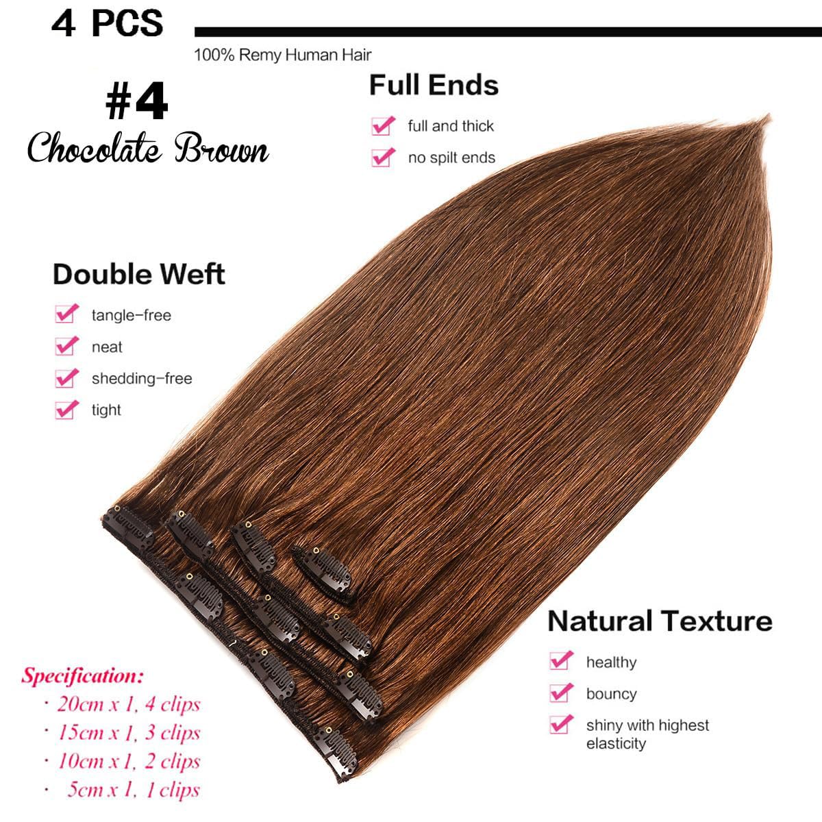 Clip in Hair Extensions Real Human Hair, Remy Human Hair Extensions Clip ins for Women, Natural Human Hair,14inch 60g 4Pcs, #4 Chocolate Brown