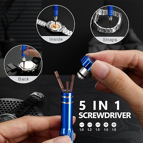 Vista 8 de Kit de reparación de relojes Jorest + Herramienta de presión para relojes, reemplazo de batería, ajuste de correa, llave para abrir la cubierta