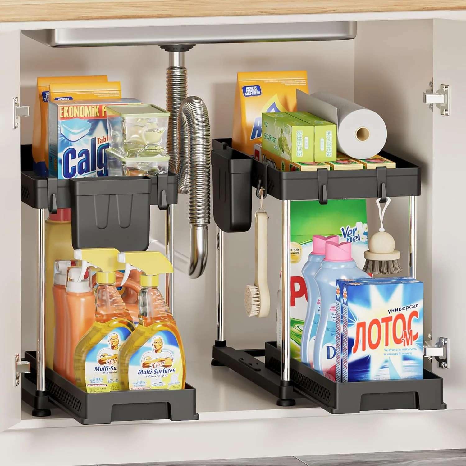 Maximize Under-Sink Space: 2-Tier Pull-Out Sliding Shelf Organizer for Kitchen & Bathroom Cabinets-image-9