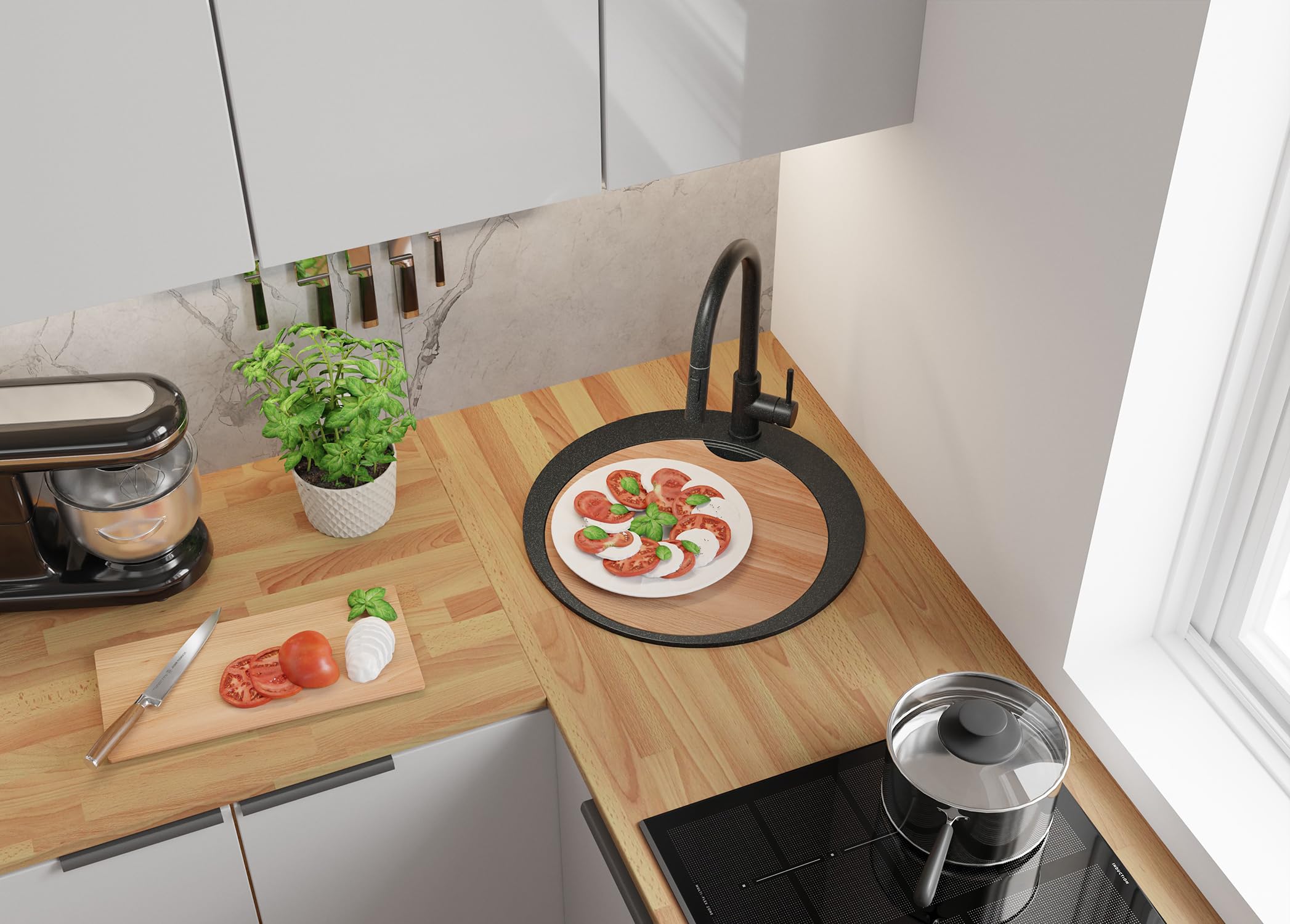PRIMAGRAN Spülbecken Anthrazit - Piza Top, 50x50cm | Granitspüle 1 Becken + Zuberhor-Set, Küchenspüle ab 45er Unterschrank (S029)