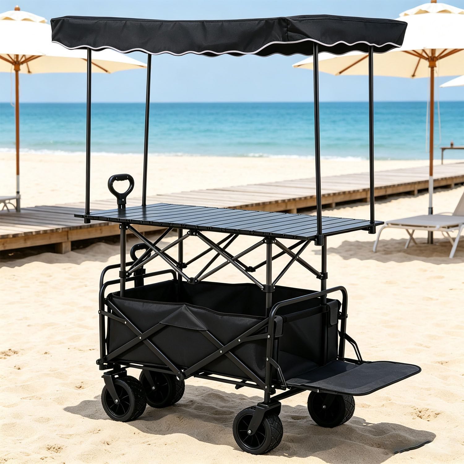 GYKOZY Outdoor Vendor cart,Collapsibles Wagon Cart with Canopy & Wheels,Mobile Food Carts for Sale,Portable Food Display Stand,for Market and Street Food (Black)