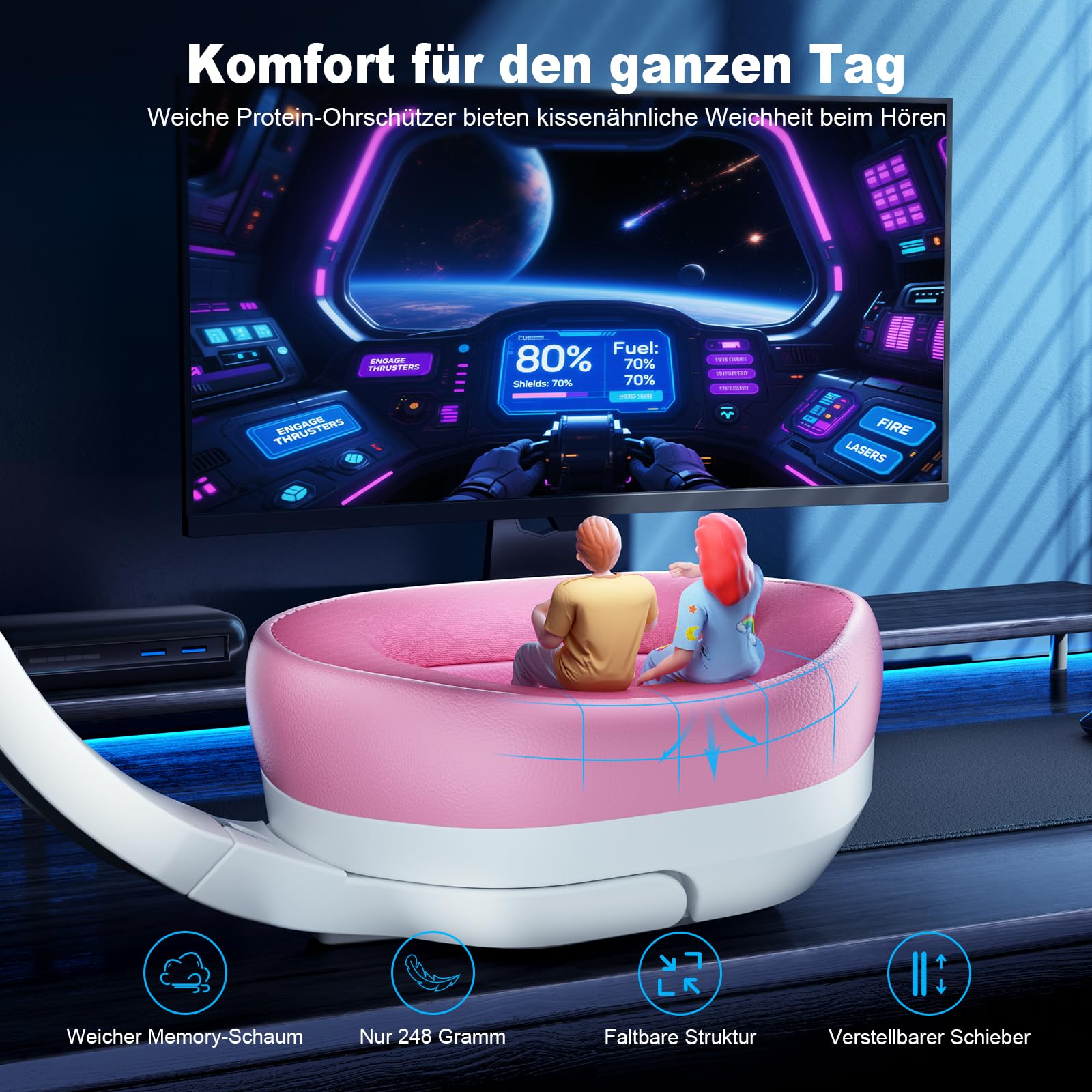 Fachixy FC200 Wireless Gaming Headset, 2.4GHz Bluetooth 5.4 Headset mit Mikrofon für PS5, PS4, PC, Switch, Gaming Kopfhörer Kabellos, Geringe Latenz Noise Cancelling, mit LED Licht, 50H Akkulaufzeit