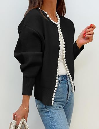Kedera Womens Casual Pearl Cardigan 2025 Spring Elegant Embellished Long Sleeve Oversized Knit Sweater