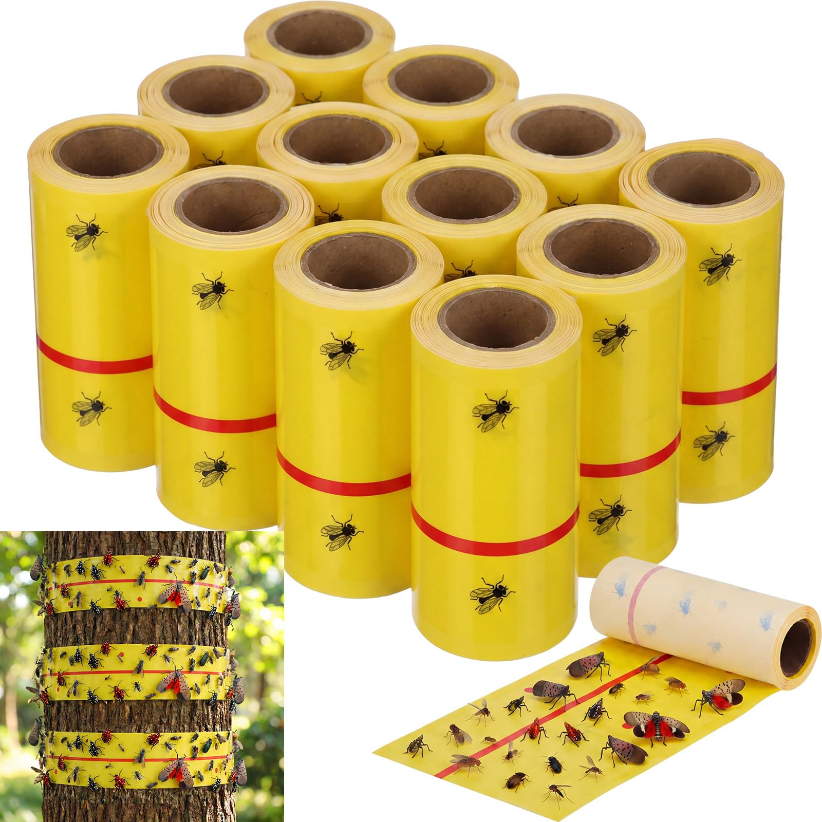Photo 1 of Mysora 12 Rolls Spotted Lantern Fly Tree Trap 30 Feet Each Roll Outdoor Fruit Fly Sticky Strips Paper Ant Insect Sticky Barrier Tree Trunk Wraps to Protect Trees Plants, Lawn, Garden(Yellow and Red)