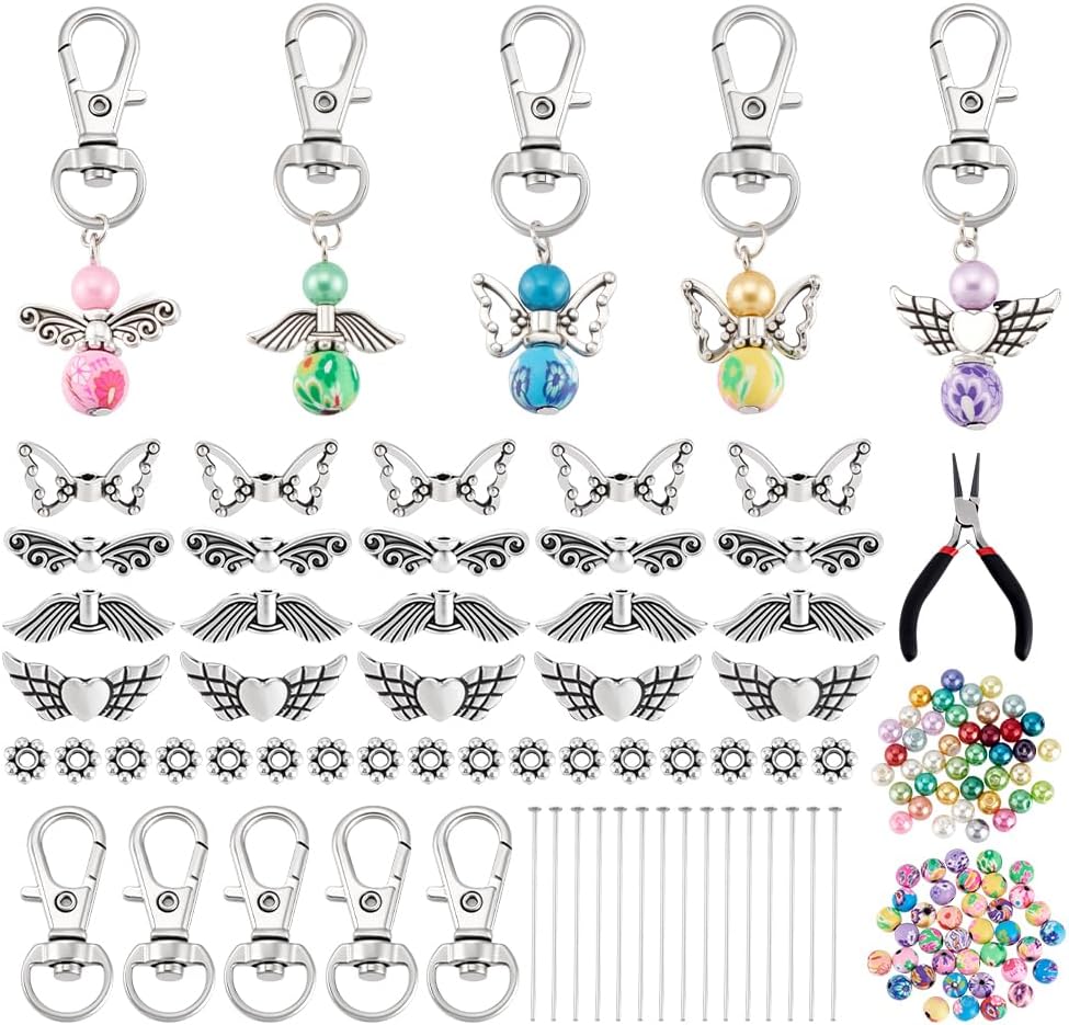 PH PandaHall 40 Sets Angel Keychain Making Kit, Swivel Snap Hooks with Metal Angel Wing Beads Spacer Beads Round Pearl Bead Clay Beads for DIY Keychain Making Wedding Christmas Decor Stocking Stuffers