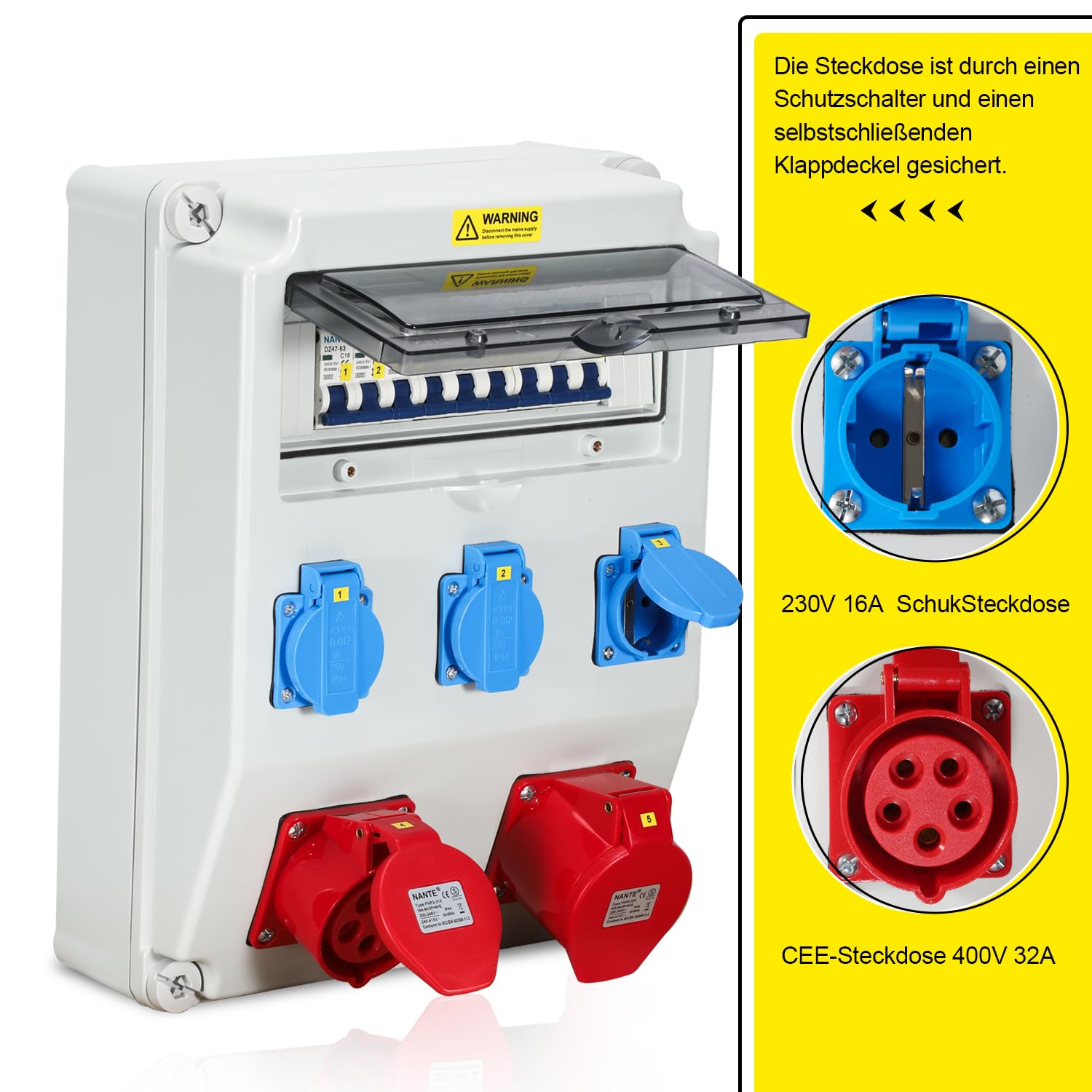 Distribuidor de obra 32A, Distribuidor de corriente 3x230V+1x16A+1x32A/400V CEE 5 polos, Dispensador de pared equipado con protección individual contra sobrecarga, Distribuidor de corriente