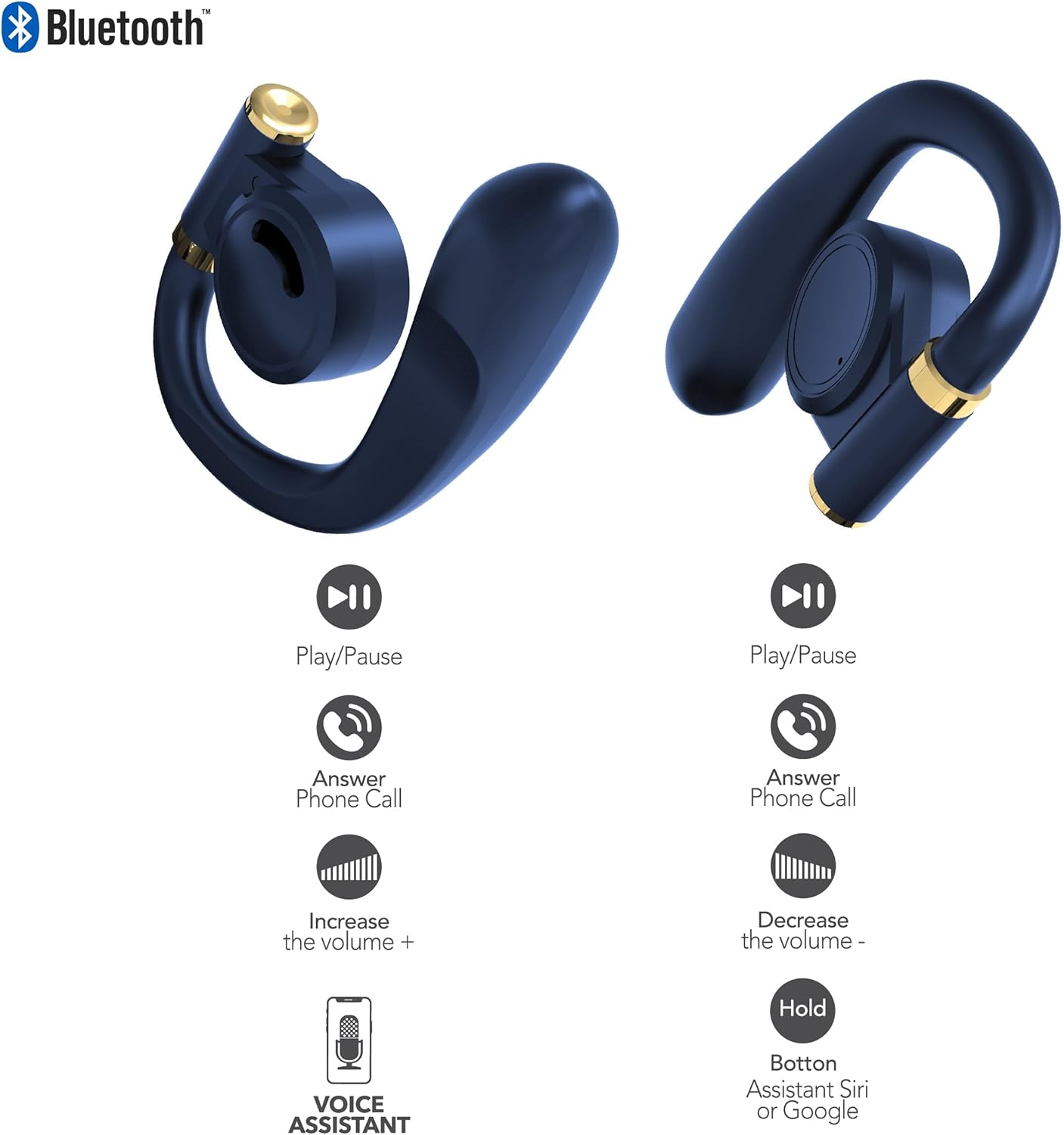 Diagram illustrating touch controls for RCA Wave-68 earbuds. Left earbud controls: Play/Pause, Answer Phone Call, Increase Volume, Voice Assistant. Right earbud controls: Play/Pause, Answer Phone Call, Decrease Volume, Hold for Siri or Google Assistant.
