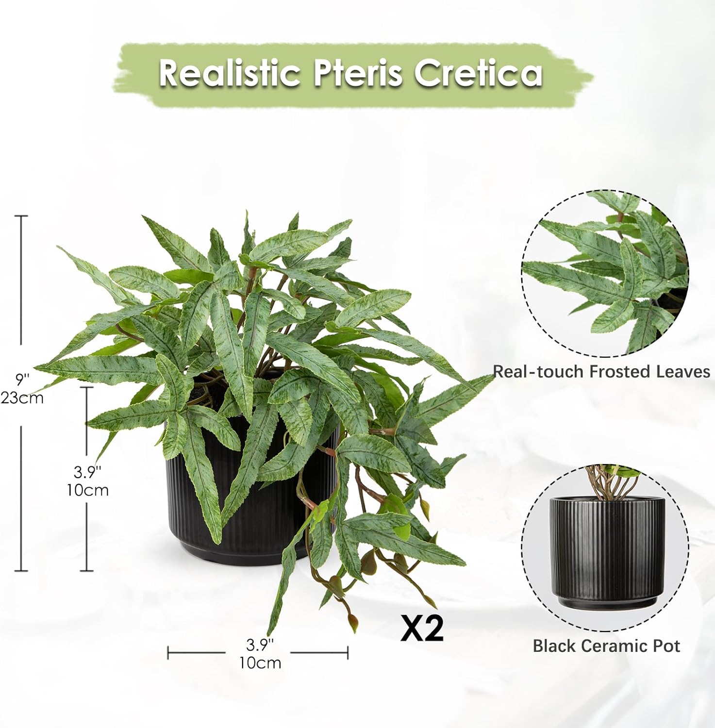 Briful Faux Plants Indoor 9'' Artificial Potted House Plant with Black Ceramic Pot Fake Pteris Cretica Fern Plant for Home Office Room Desk Shelf Decor Indoor