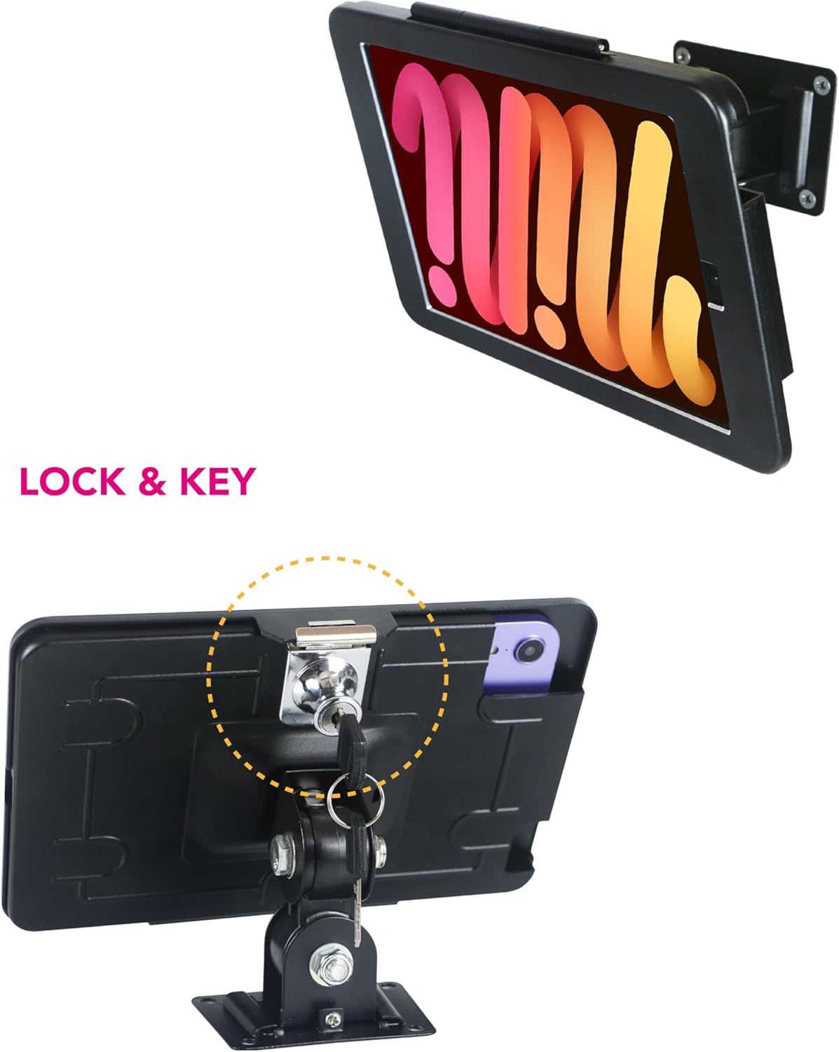On Wall Mount Bracket Stand for iPad mini 7 A17 Pro 2024/ iPad mini 6 2021 8.3",with Anti Theft Security Lock & Key,Rotate Arbitrary Adjustment,Multi Angle,Metal,(Black)