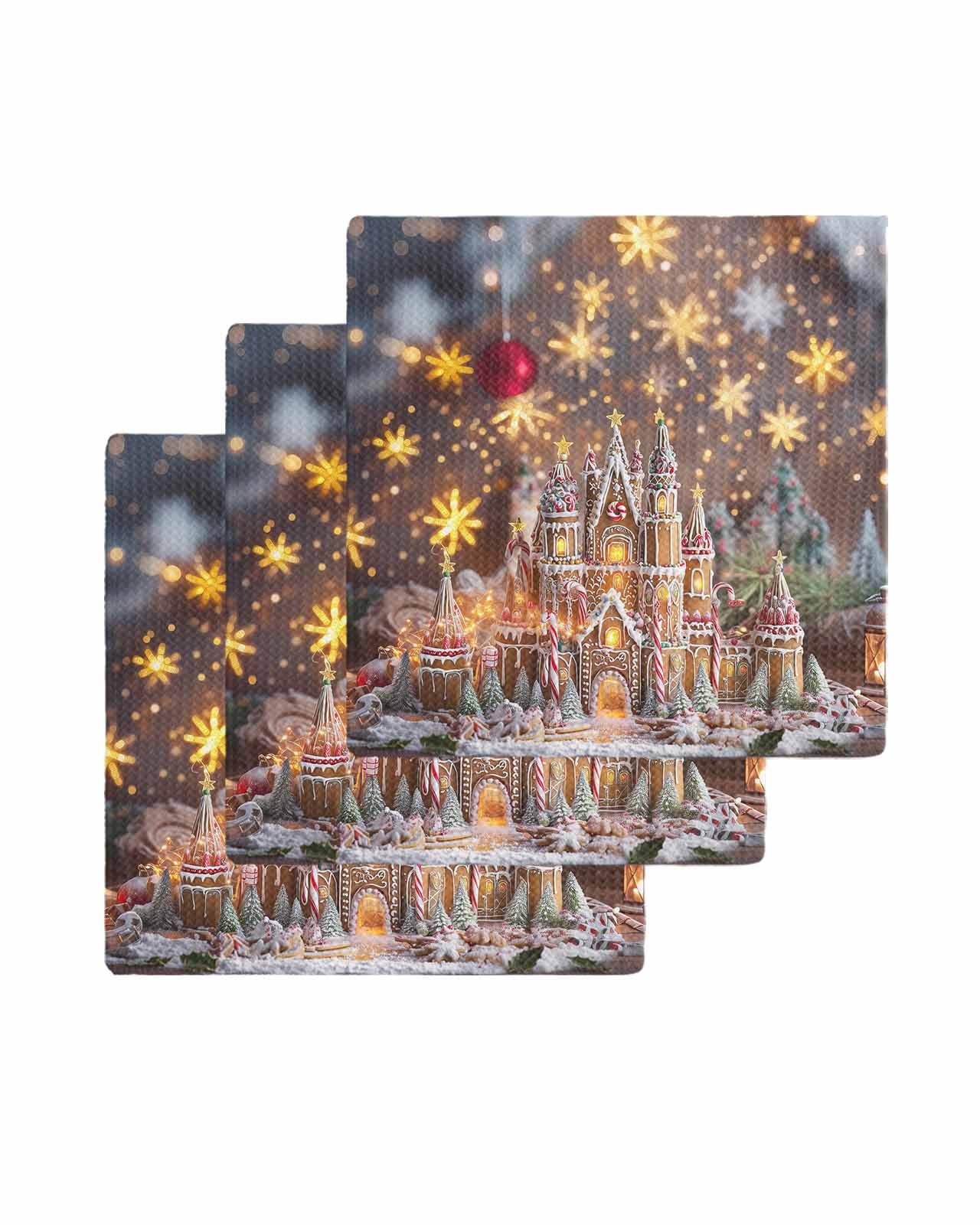 Hokiten Pink Blue Christmas Waffle Kitchen Towels Dishcloths, Xmas Balls Candy Castle Absorbent Dish Towels | Hand Towels for Bathroom/Bar, 12 x 12 Inch, 3 Pcs