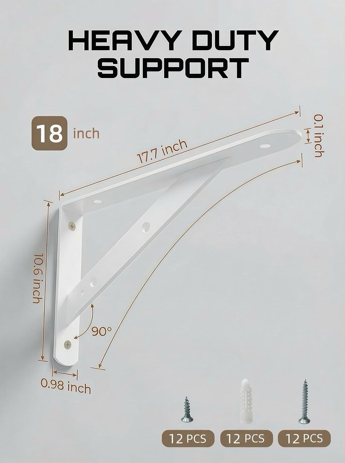 Heavy Duty Floating Shelf Brackets 18 inch, 4 Pack - 300 lb Max Load Per Pair, White Powder Coated Metal Shelf Support, Triangle Decorative Brackets for Wall Mount, Kitchen, Bathroom, Office