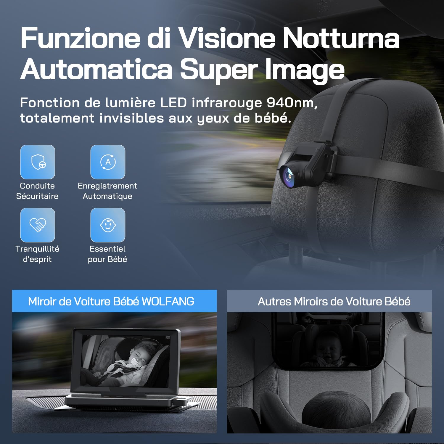 WOLFANG Miroir Voiture Bébé HD 1080P Retroviseur Voiture Bebe, USB-C Plug and Play Installation facile, moniteur pour bébé avec écran de 5 pouces et caméra de vision nocturne