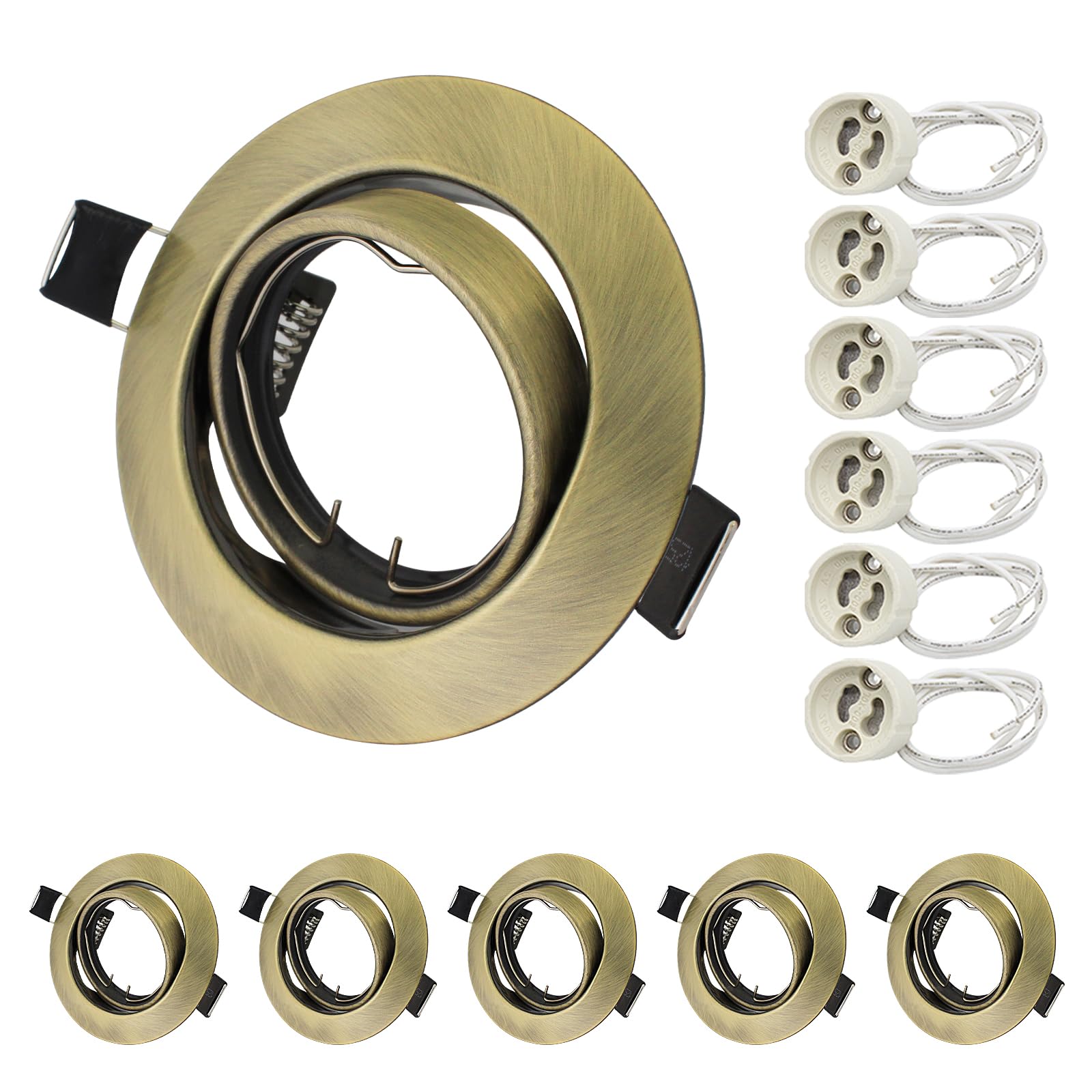 Allesgute 6X Recessed GU10 Light Fittings for Ceiling Round Antique Brass Metal Frame for Spot Lights 360° Tilt Swivel Downlights with GU10 Holder, Outer Diameter: 90mm, Cutout Ø68-85mm, No Bulbs