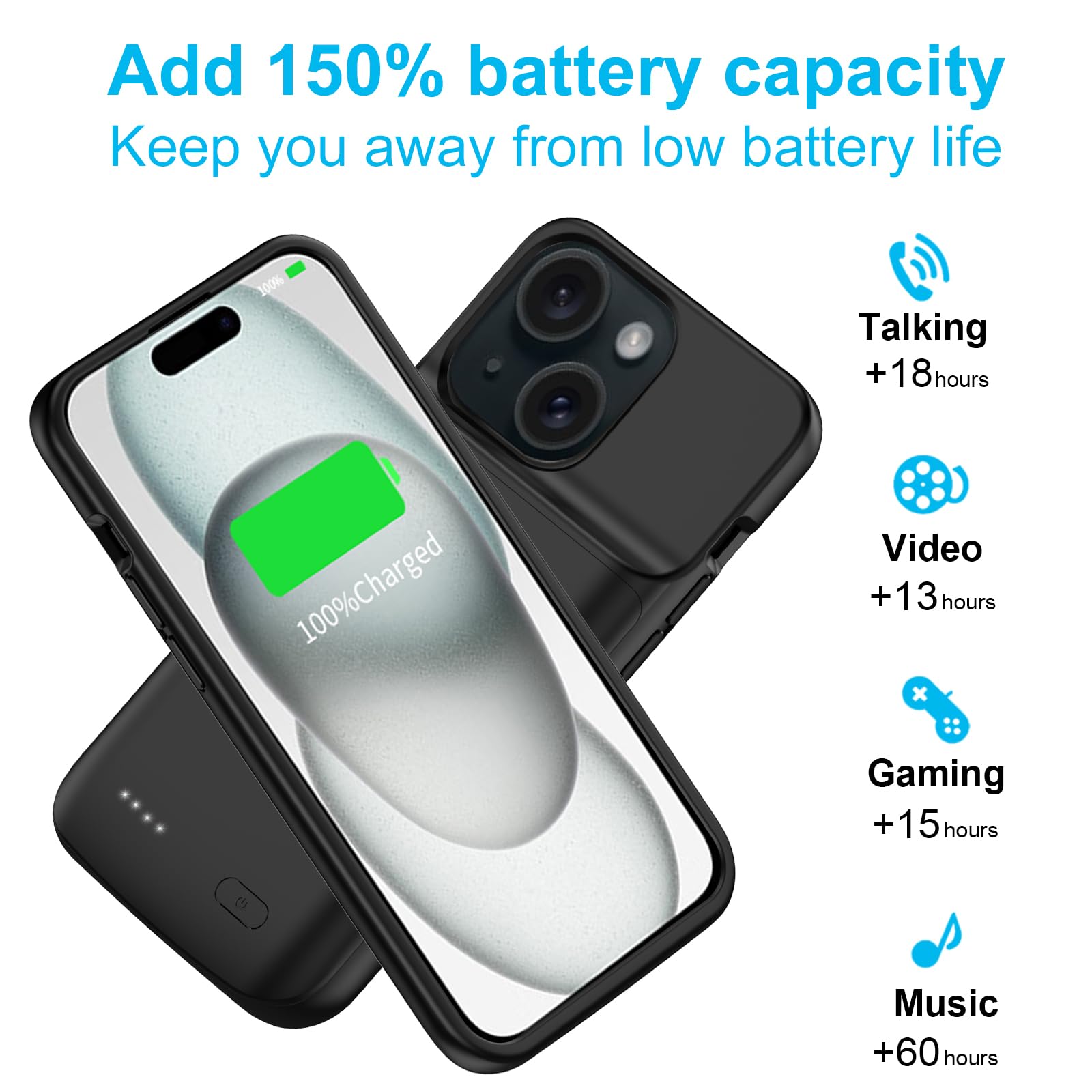 Custodia con batteria per iPhone 15, 7000 mAh, ultra sottile, portatile, custodia di ricarica intelligente, compatibile con iPhone 15 (6,1"), caricabatterie esteso, nero