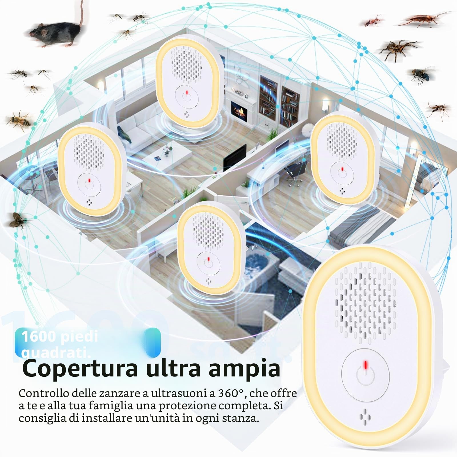Repellente ad Ultrasuoni per Topi 6 Pack, Repellente Ultrasuoni Anti Topi Antizanzare Ultrasoni Elettrico Anti Insetti Ratti, Zanzare, Ragni, Parassiti, Scarafaggi, Formiche, Sicuro verde e innocuo