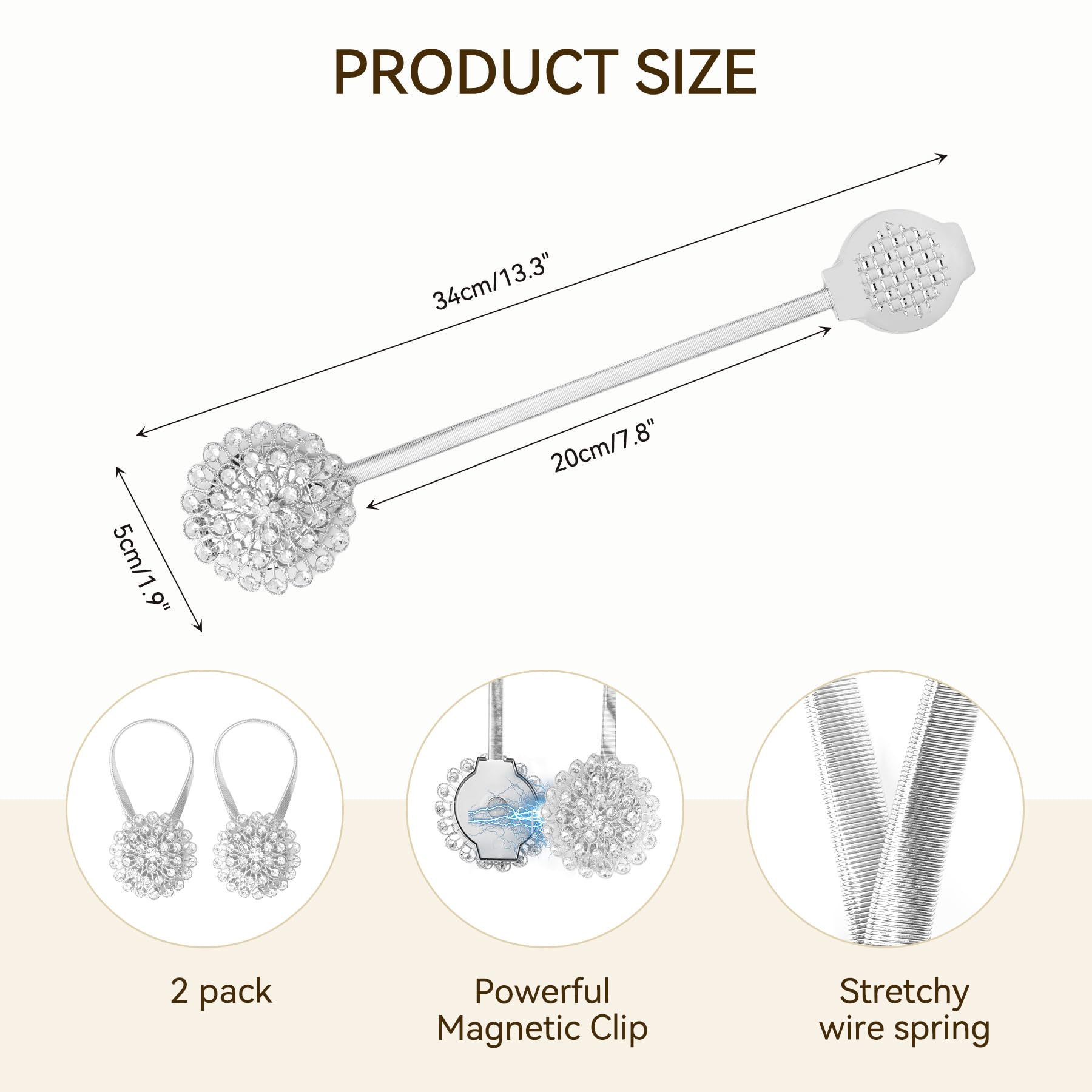 Svfreyavis Magnetic Curtain Tiebacks, Sparkling Crystal Flower Holdbacks with High-Elastic Spring, Elegant Magnetic Buckles for Home, Office, Bedroom Décor, No Drilling Needed, Silver, 2 Pack