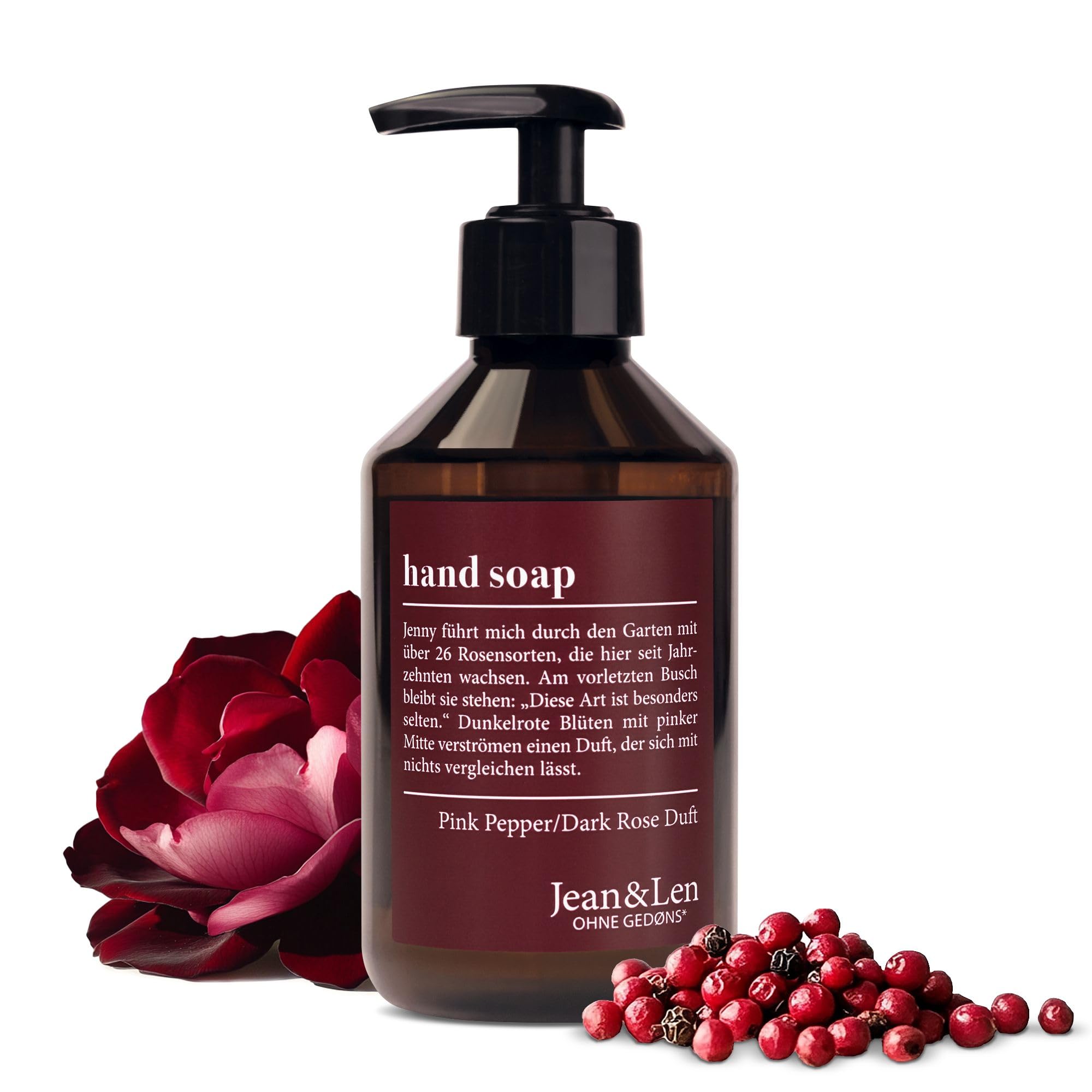 Jean & Len Handseife Pink Pepper & Dark Rose, reinigt beanspruchte Hände, für die tägliche Anwendung geeignet, Flüssigseife im Pumpspender, sinnlicher Duft, vegan, 250 ml