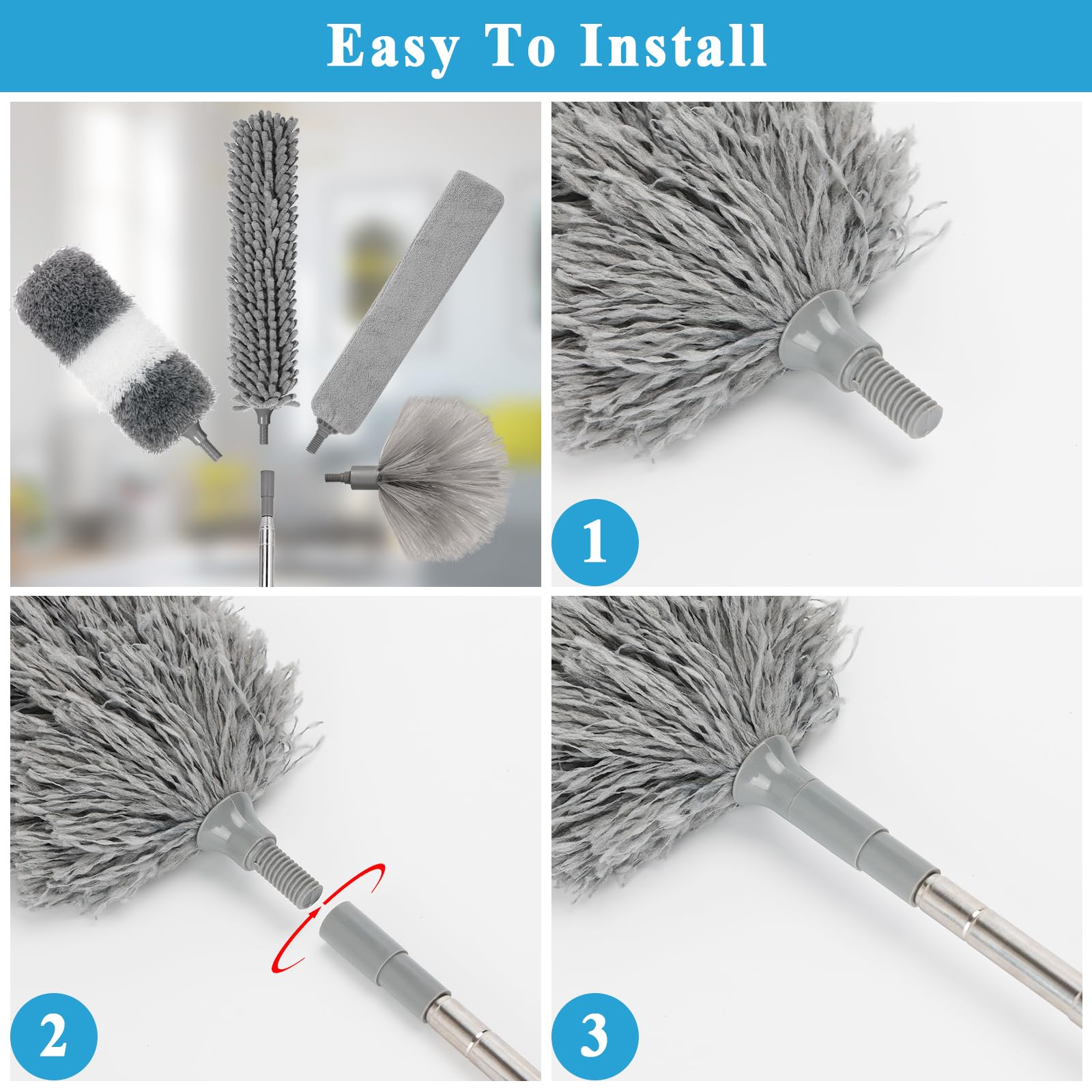 Kit de plumero de microfibra de 27 piezas con poste de extensión de 30 a 100 pulgadas y trapeador limpiador de pared, lavable y flexible para limpiar ventiladores de techo, techos altos,