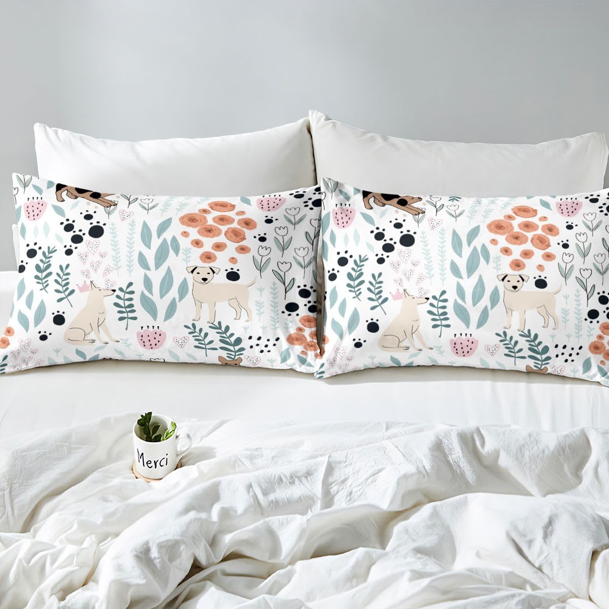 Erosebridal Kawaii Dog Bedding Set,Cartoon Puppy Dog Fitted Sheet Queen,Cute Love Heart Leaf Floral Bed Sheets for Kids Girls Boys,Paw Print Pet Animals Bed Set with 2 Pillow Cases