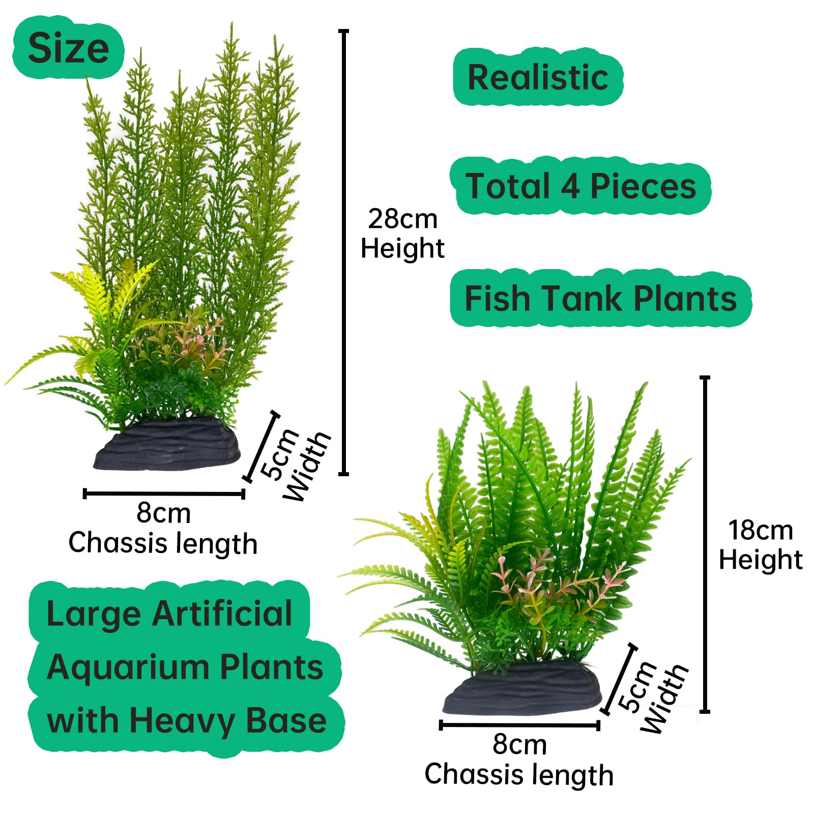 4pcs Plantes Artificielles pour Aquarium, Grandes Plantes Vertes en Plastique, Décoration d'Aquarium avec Base en PVC, 2x28cm et 2x18cm