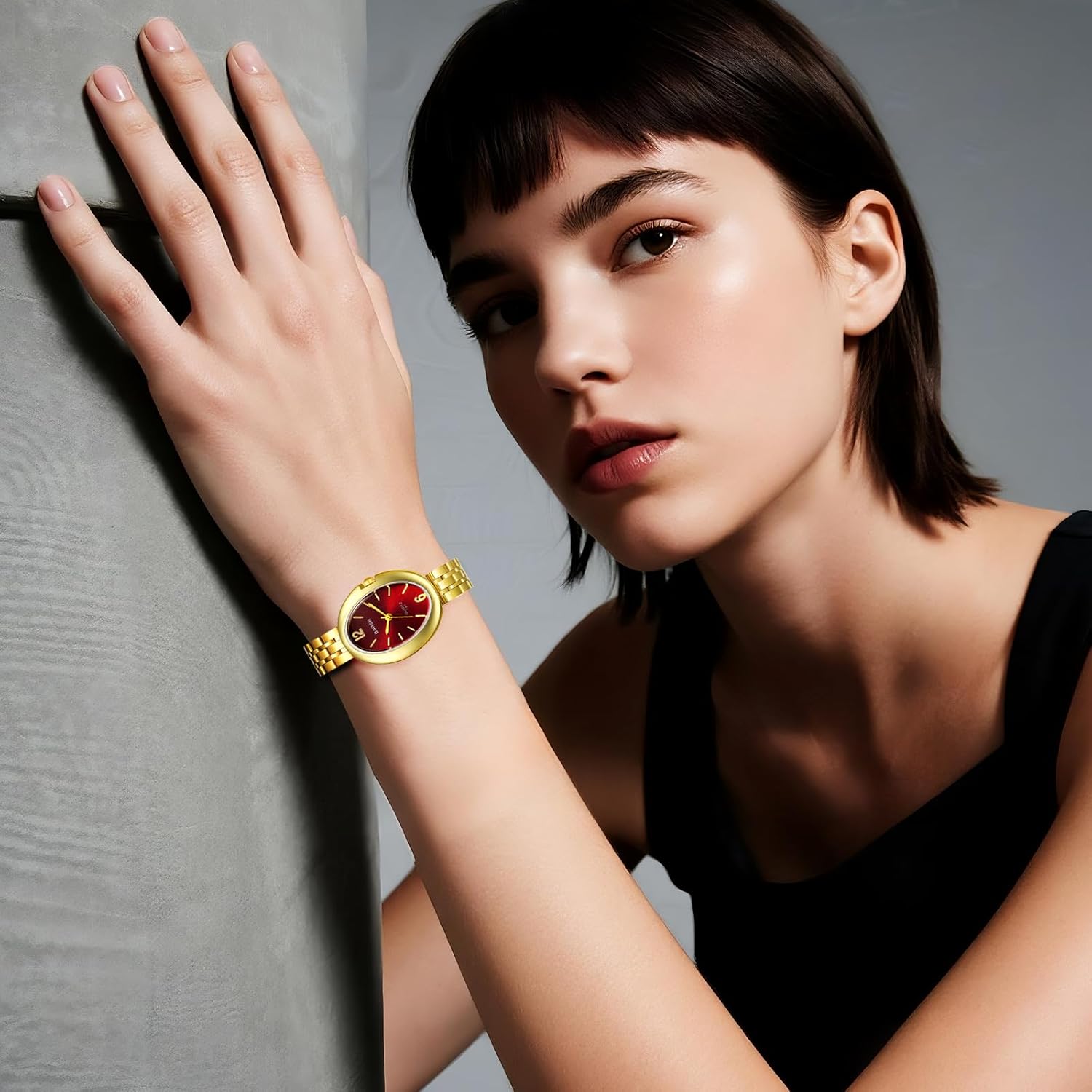 JEWELRYWE Women's Oval Gold Watch: Bar Arabic Numerals Scale Sunburst Dial Stainless Steel Strap Dainty Watches Analog Quartz Wristwatch for Valentine's Day - Image 2