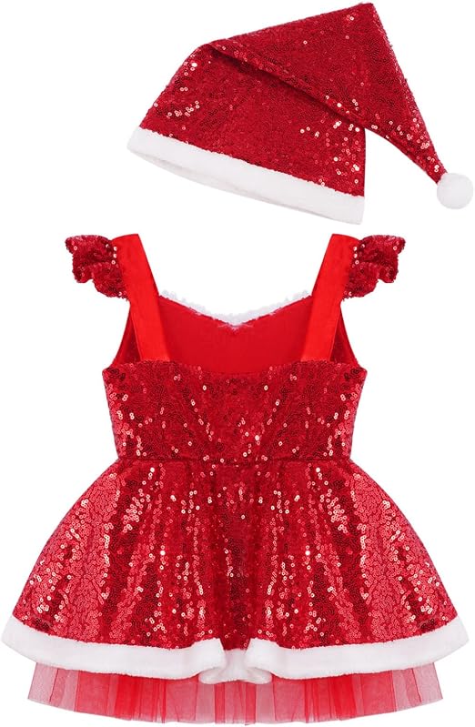 Bébé Enfant Fille Déguisements de Mère Noël Père Costume Santa Claus Robe de Noël et Châle Chapeau Bonnet de Noel Robe de Fête Carnaval Soirée 1-14 Ans