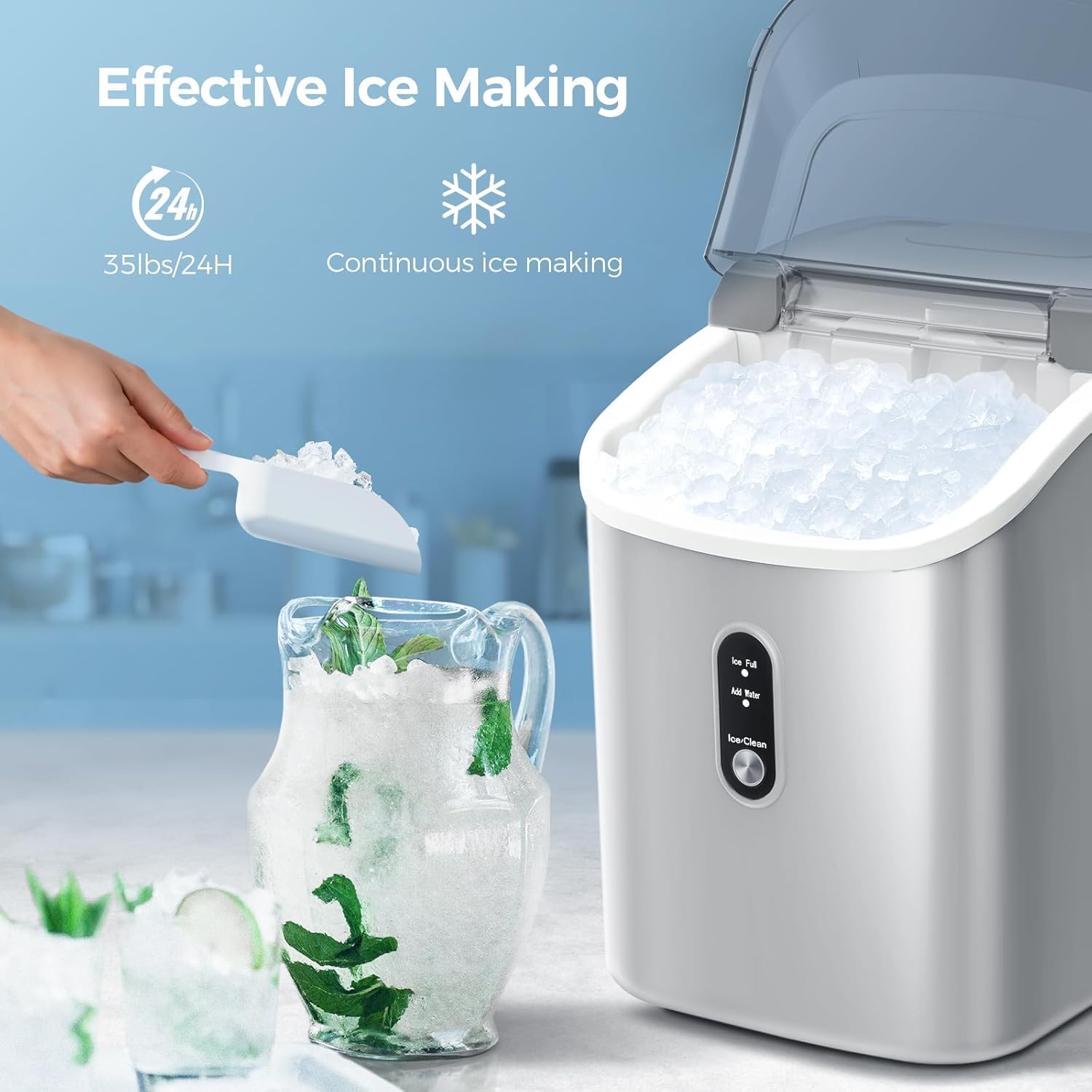 Nugget Ice Maker Countertop With Self-Cleaning Function, Sonic Ice Maker Machine With Handle, 35lbs/Day, Compact Design For Home/Office Use(Grey) on Fridge.com - View 2