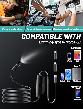 1080P HD Endoscope Inspection Camera with 8 LED Lights, 16.4ft Semi-Rigid Snake, IP67 Waterproof for iOS, Android & iPad