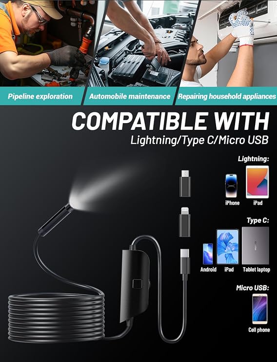 1080P HD Endoscope Inspection Camera with 8 LED Lights, 16.4ft Semi-Rigid Snake, IP67 Waterproof for iOS, Android & iPad