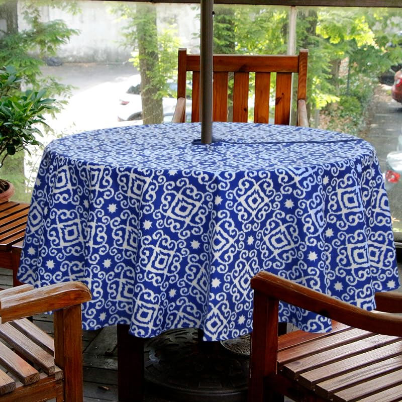 Image of EHouseHome Outdoor and Indoor 60inch Round Tablecloth with Umbrella Hole and Zipper, Waterproof Zippered Patio Cloths, Spring /Summer Table Covers for Backyard Circular Table /BBQs /Picnic