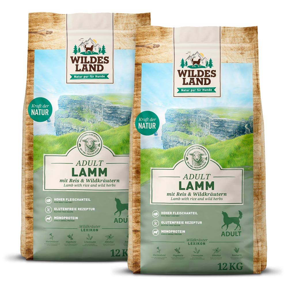 WILDES LAND – Lamm | Trockenfutter mit extra hohem Fleischanteil und natürlichen Zutaten für ausgewachsene Hunde. Alleinfutter ohne Zusatzstoffe im Beutel | 24kg Lamm