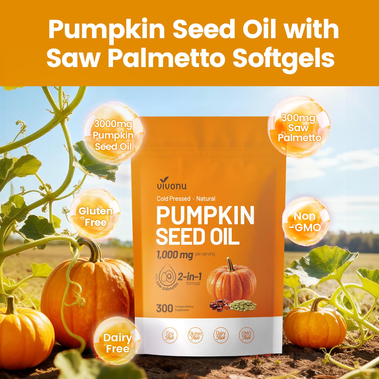 VivoNu Aceite de Semilla de Calabaza - Saw Palmetto & Pumpkin Seed oil - 1000 mg - apoya el crecimiento del cabello, apoya la salud de la próstata - 300 unidades - Libre de Soja, Sin Gluten y Sin OMG