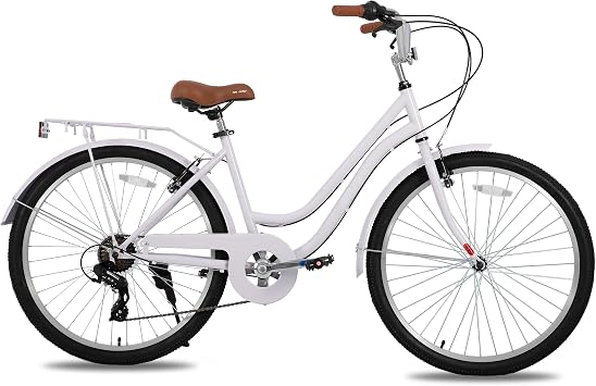 HILAND 26 in Womens Hybrid Bike for Adult, 7 Speed Step Through Hi-Ten Steel Frame City Commuter Beach Cruiser Bike, Hybrid Bicycle, Multicolor