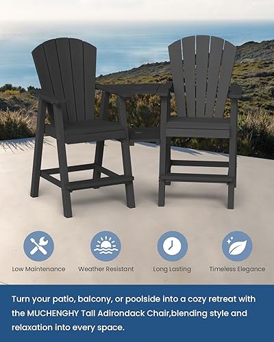 Miniatura 7 de Ciokea Juego de 2 sillas Adirondack altas Adirondack de polietileno de alta densidad para exteriores con doble bandeja de conexión, sillas