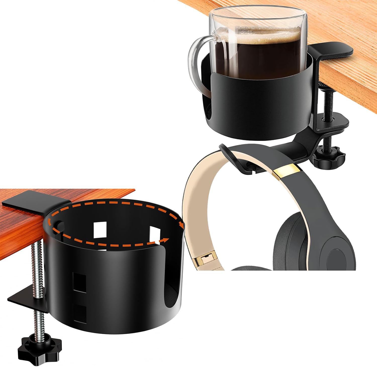 Upgraded Large Desk Cup Holder Clamp, OOKUU AntiSpill Table Cup Holder, Metal