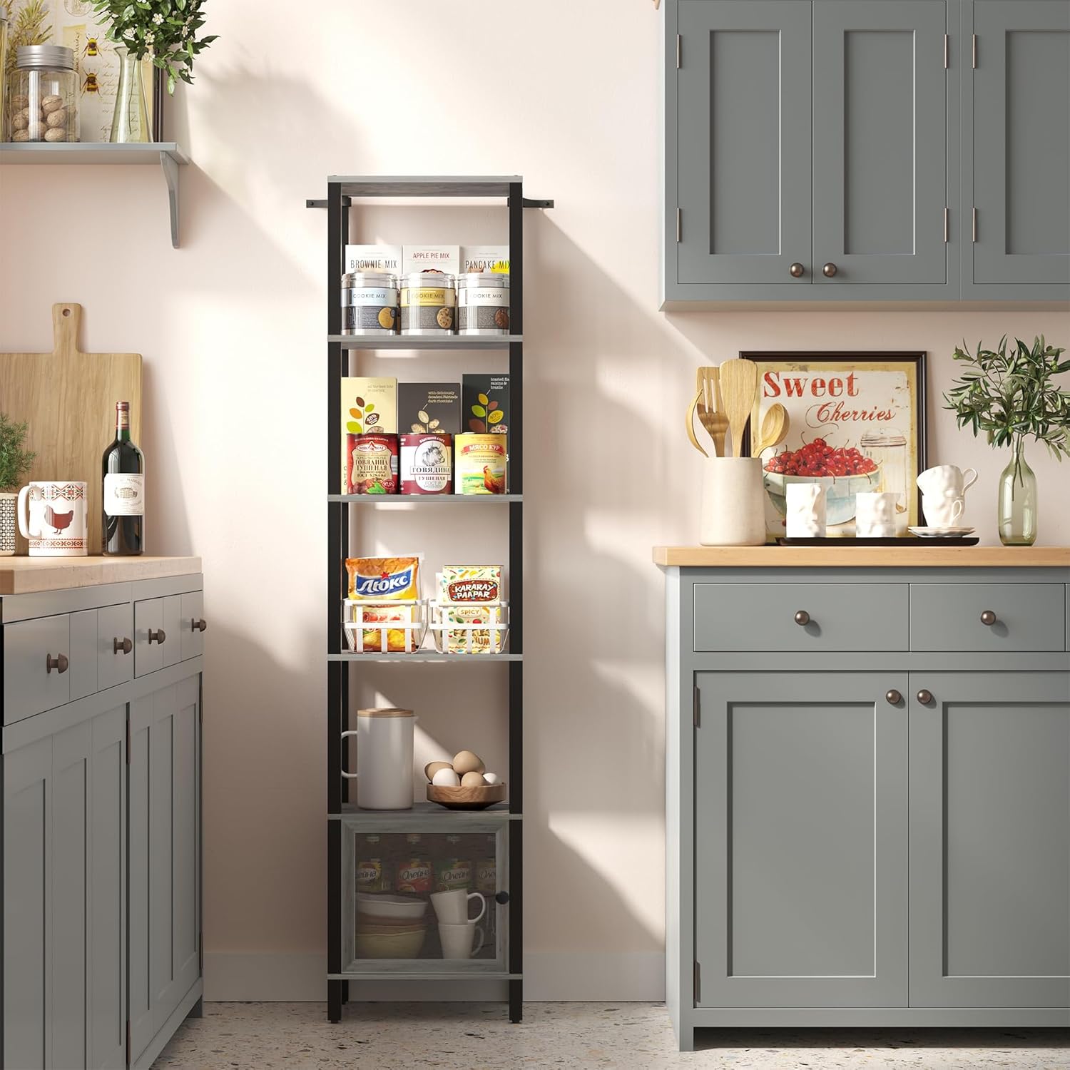 TUTOTAK 6 Tier Bookcase and Bookshelf, Narrow Book Shelf with Door for Small Space, for Living Room, Office, Study, Entryway, Greige BS03BG006