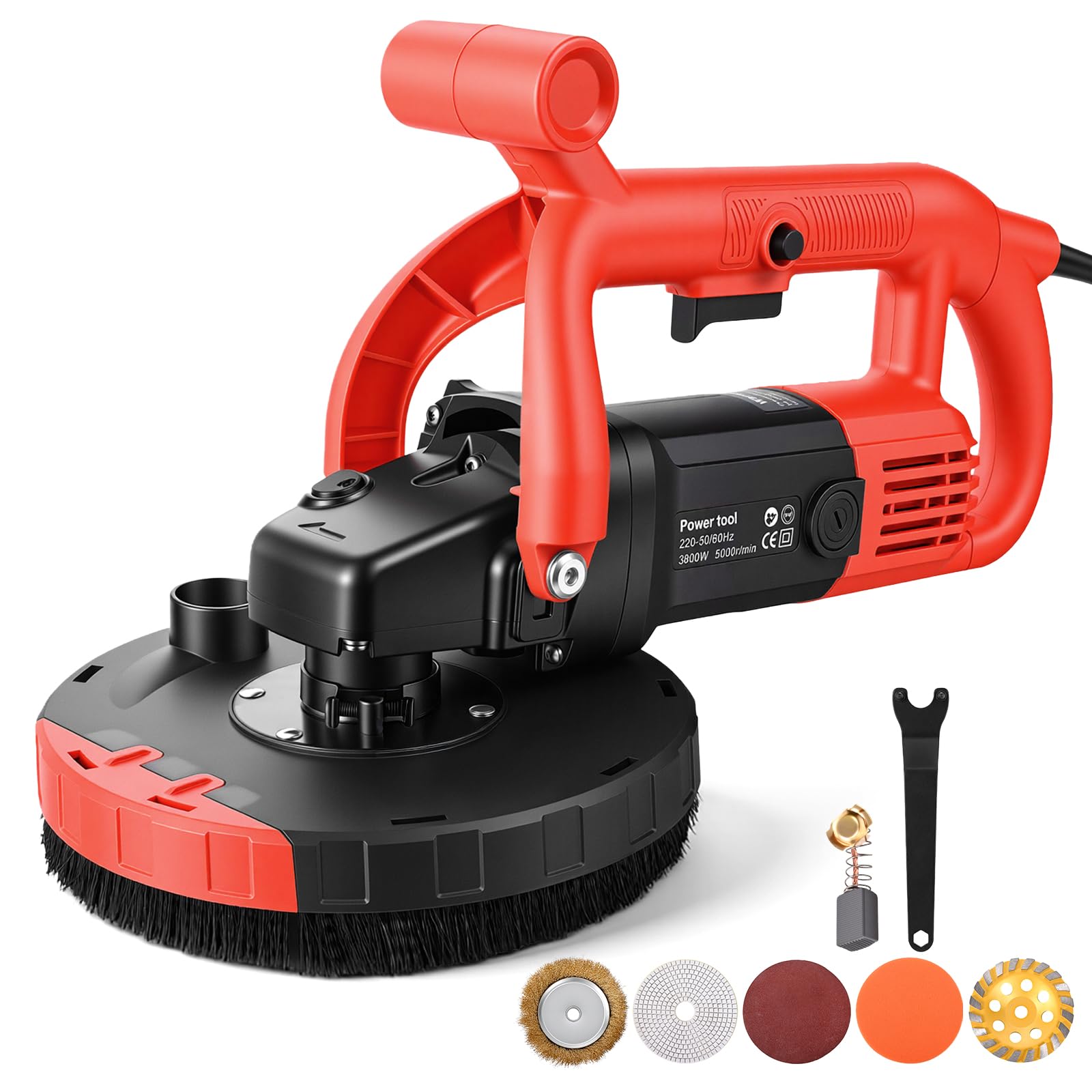 Ponceuse à Béton 3800W 6 Vitesses, max 5000 tr/min, 4 Meules, Meuleuse à Béton Sol Professionnelle Diamant Ø180mm, Manche Long avec Capot Aspiration Antipoussière pour Décapage Béton Colle Carrelage