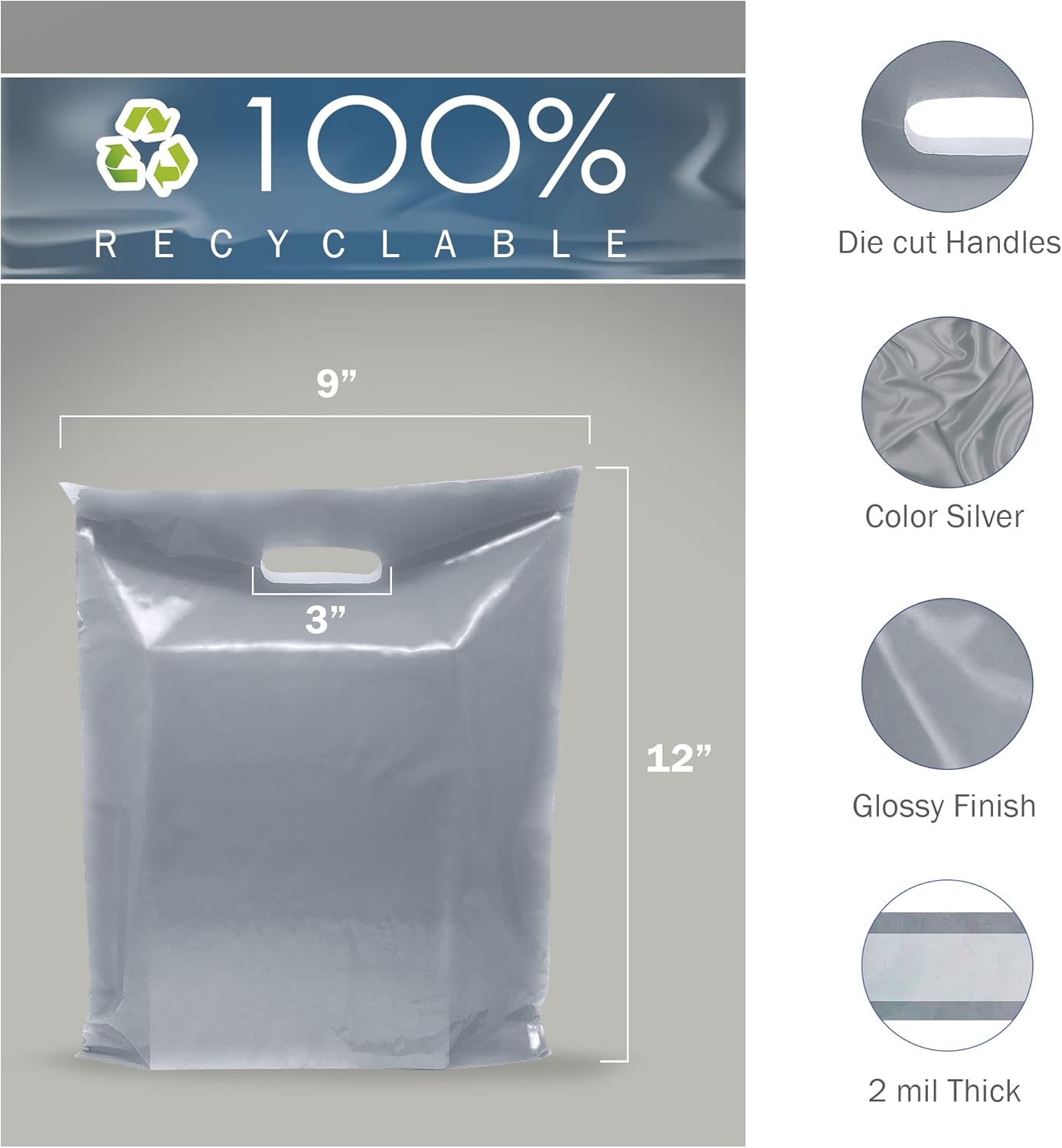 Silver Merchandise Plastic Shopping Bags - 100 Pack 9" x 12" with 2 mil Thick - Die Cut Handles - Perfect for Retail, Party Favors, Birthdays, Goodie Bags - Color Silver - Recyclable - Image 2
