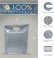 Vista 2 de Silver Merchandise - Bolsas de plástico para compras, paquete de 100 unidades de 9 x 12 pulgadas con 2 mil de grosor, asas troqueladas, perfectas