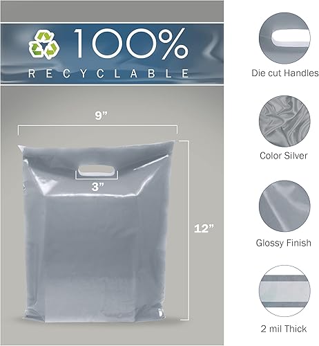 Miniatura 2 de Silver Merchandise - Bolsas de plástico para compras, paquete de 100 unidades de 9 x 12 pulgadas con 2 mil de grosor, asas troqueladas, perfectas